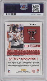 Patrick Mahomes II from the 2017 Panini Score set graded by PSA and given an overall grade of 10.