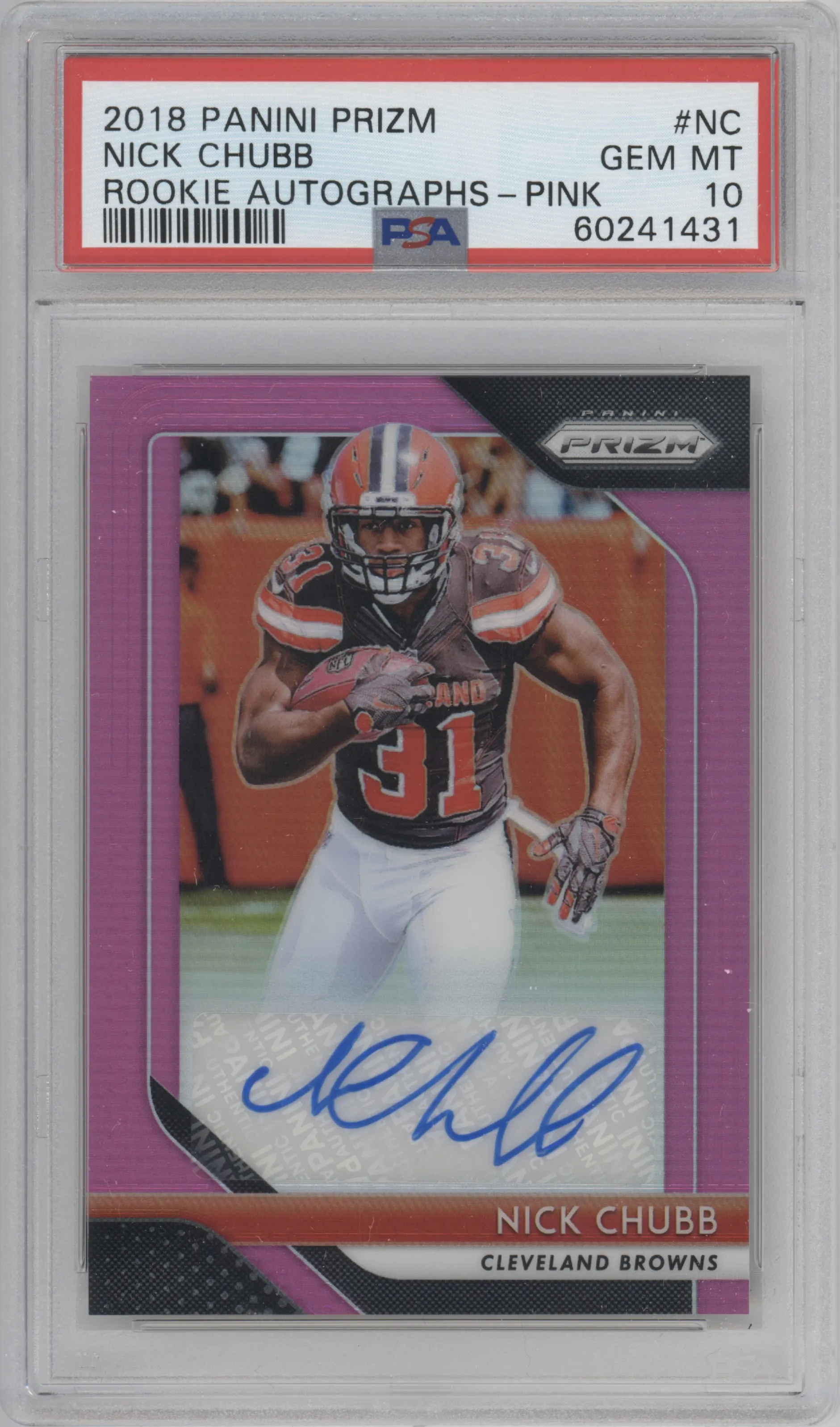 Nick Chubb from the 2018 Panini Prizm set featuring a Pink Prizm parallel graded by PSA and given an overall grade of 10.