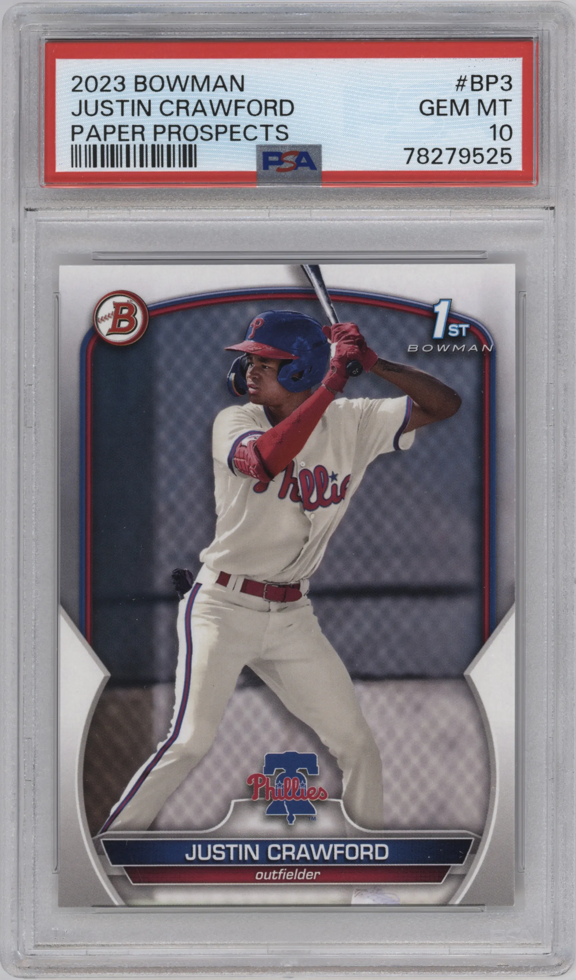 Justin Crawford from the 2023 Bowman  set graded by PSA and given an overall grade of 10.