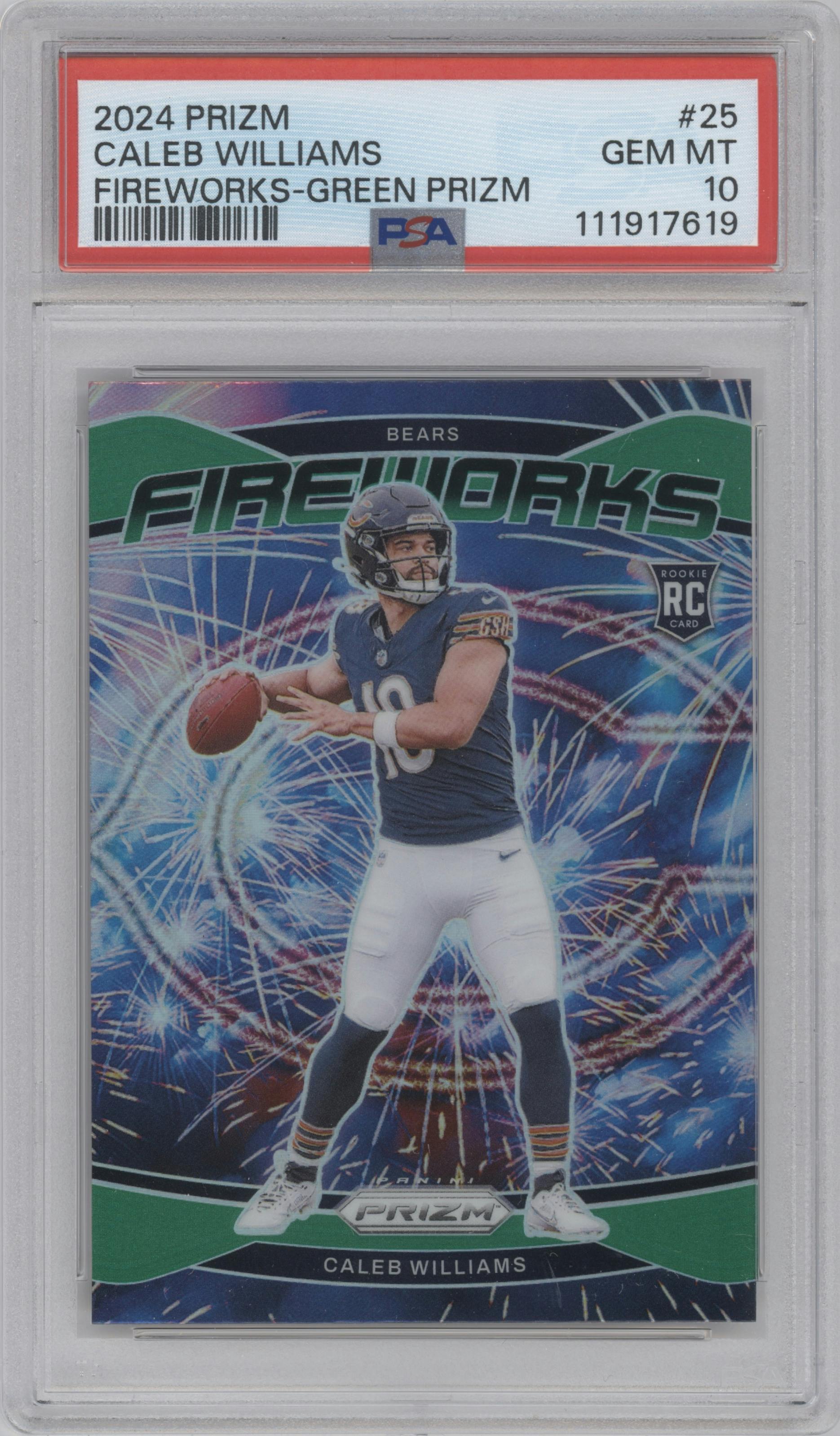Caleb Williams from the 2024 Panini Prizm set featuring a Green Prizm parallel graded by PSA and given an overall grade of 10.