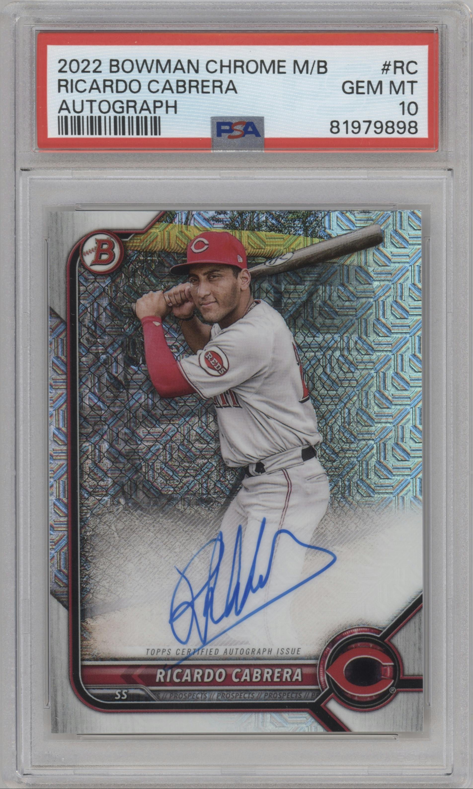 Ricardo Cabrera from the 2022 Bowman Chrome Mega Box set graded by PSA and given an overall grade of 10.