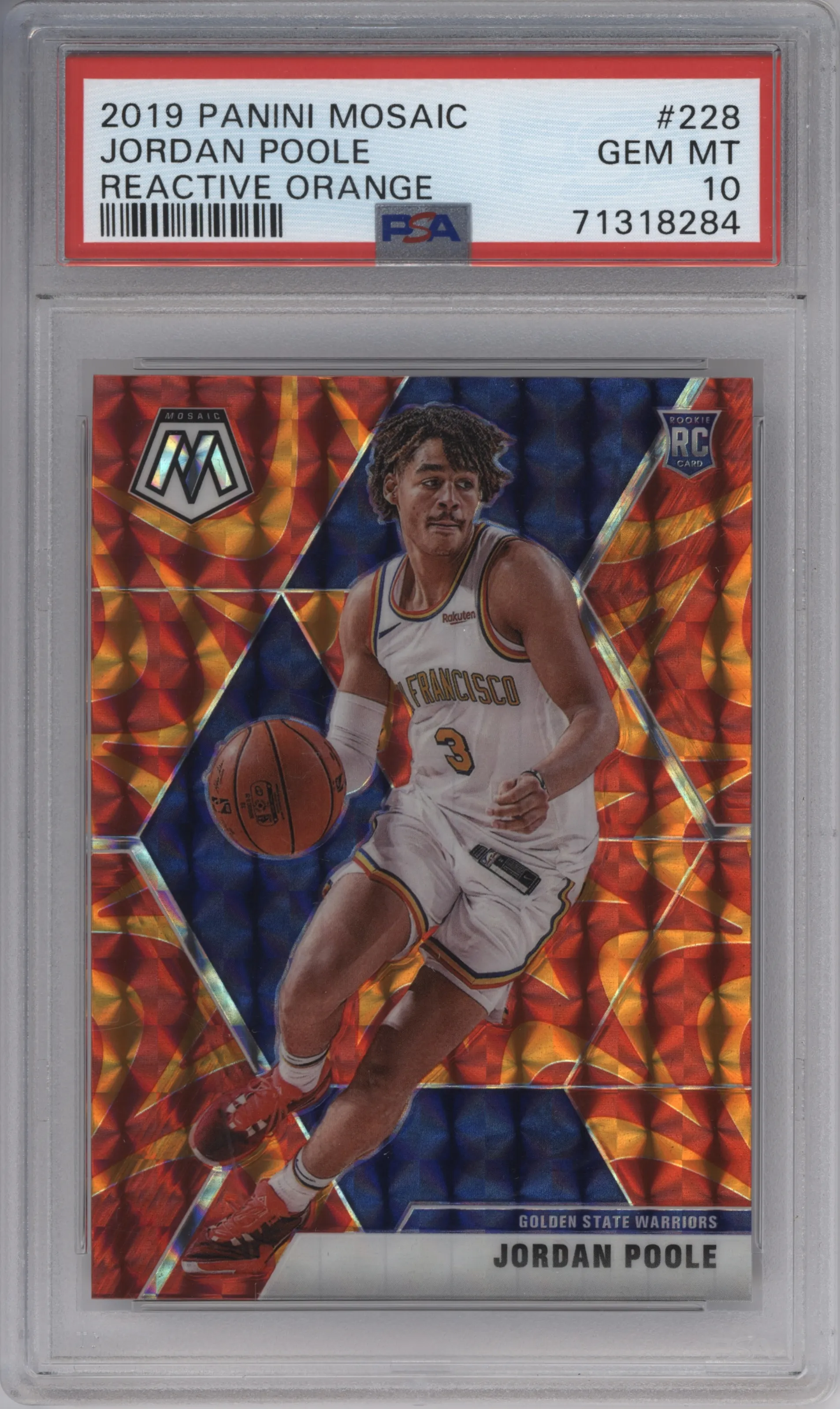 Jordan Poole from the 2019-20 Panini Mosaic  set featuring a Reactive Orange parallel graded by PSA and given an overall grade of 10.