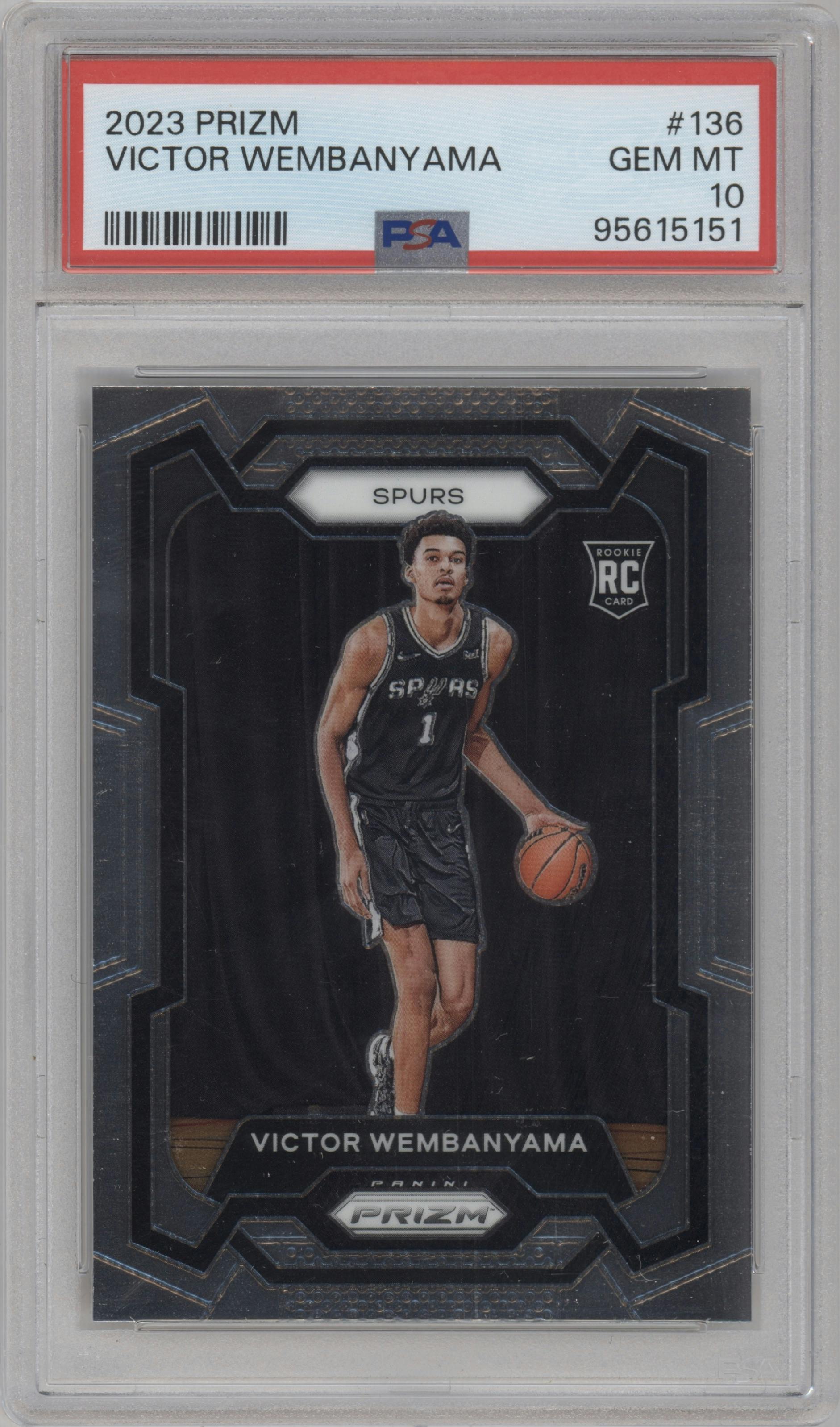 Victor Wembanyama from the 2023-24 Panini Prizm set graded by PSA and given an overall grade of 10.