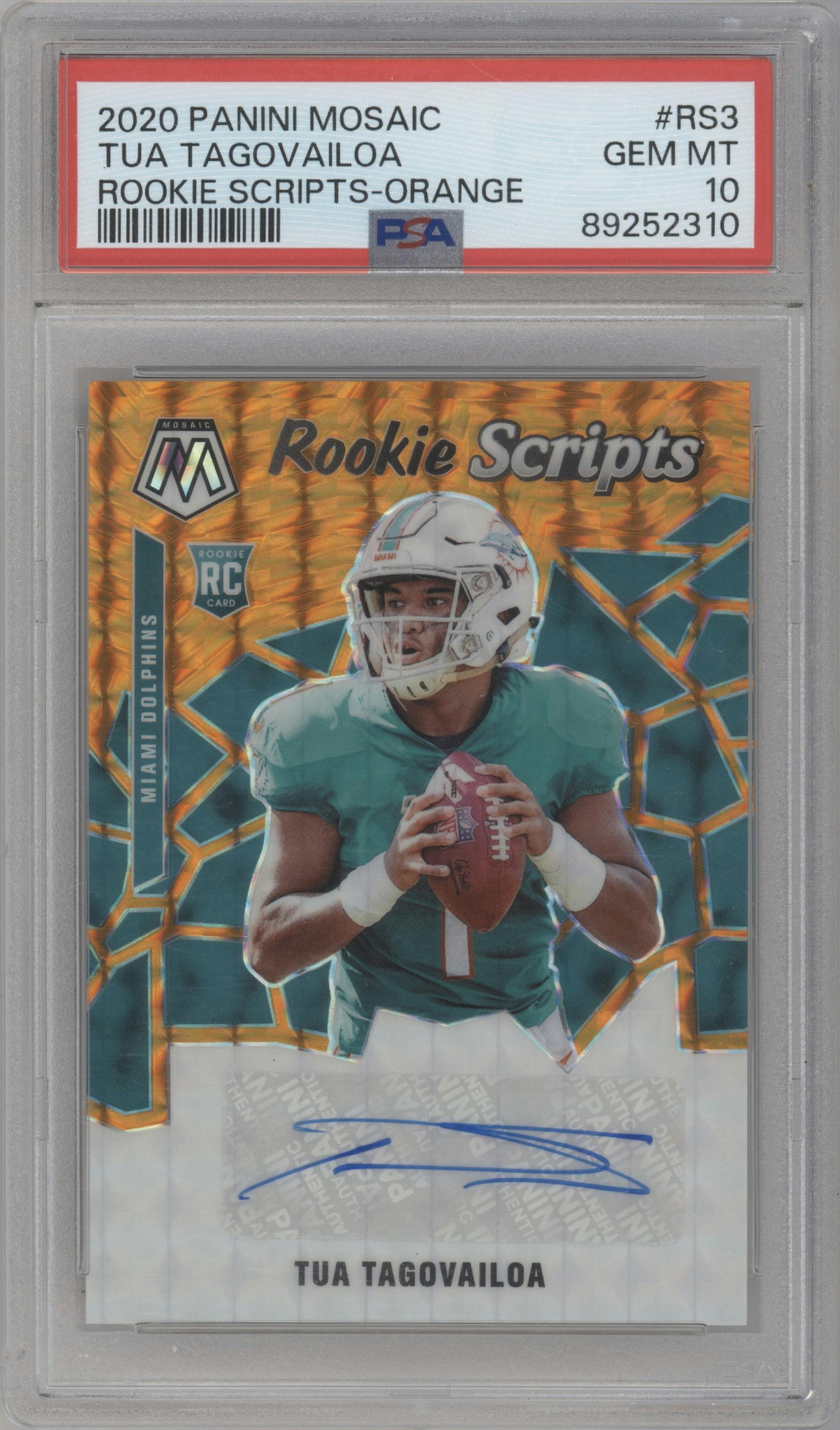Tua Tagovailoa from the 2020 Panini Mosaic set featuring a Orange parallel graded by PSA and given an overall grade of 10.