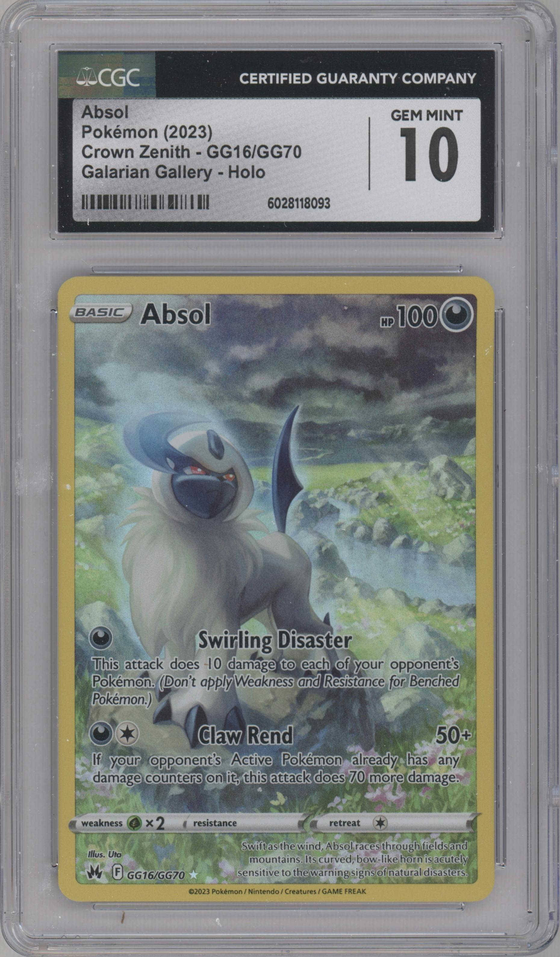 Absol from the 2023 Pokemon SWSH set graded by CSG and given an overall grade of 10.