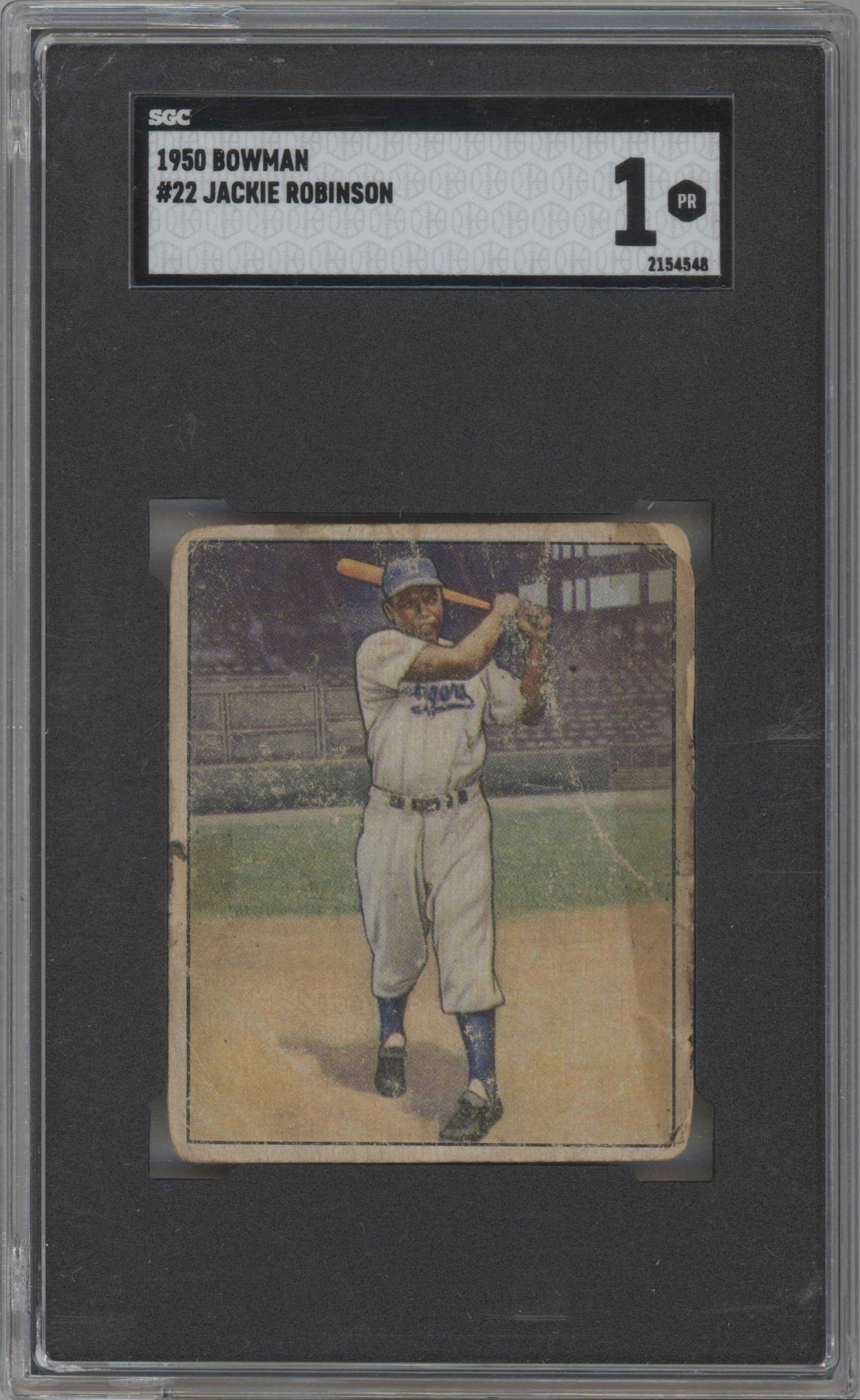 Jackie Robinson from the 1950 Bowman set graded by SGC and given an overall grade of 1.