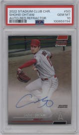 Shohei Ohtani from the 2022 Stadium Club Chrome set featuring a Red Refractor parallel graded by PSA and given an overall grade of 10.