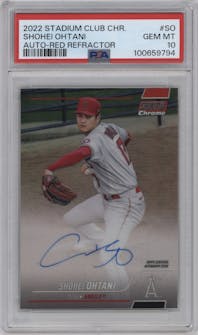 Shohei Ohtani from the 2022 Stadium Club Chrome set featuring a Red Refractor parallel graded by PSA and given an overall grade of 10.