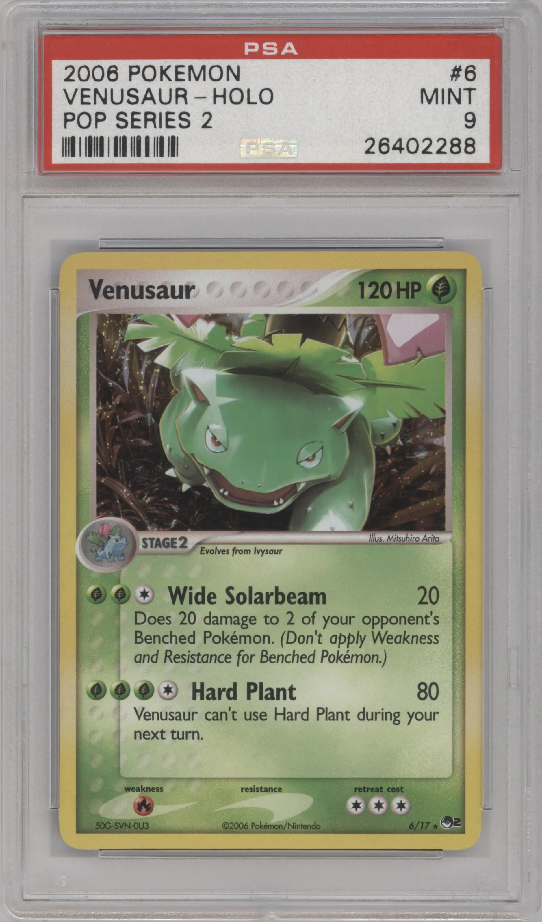Venusaur from the 2006 Pokemon set graded by PSA and given an overall grade of 9.