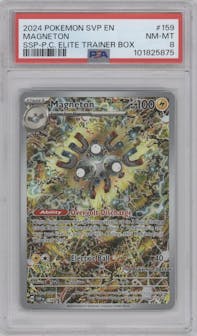 Magneton from the 2024 Pokemon SV set featuring a Surging Sparks Elite Trainer Box parallel graded by PSA and given an overall grade of 8.