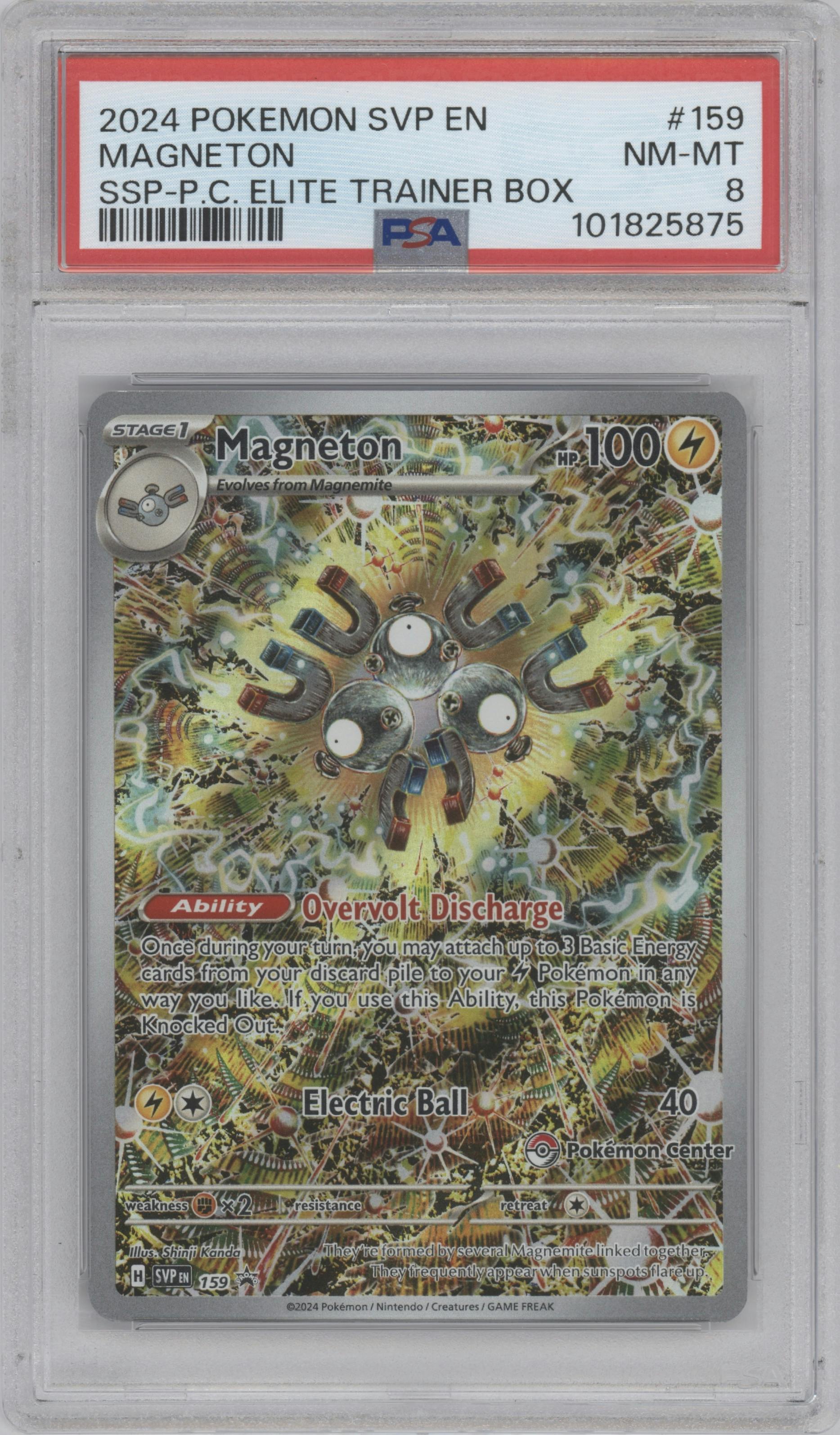 Magneton from the 2024 Pokemon SV set featuring a Surging Sparks Elite Trainer Box parallel graded by PSA and given an overall grade of 8.