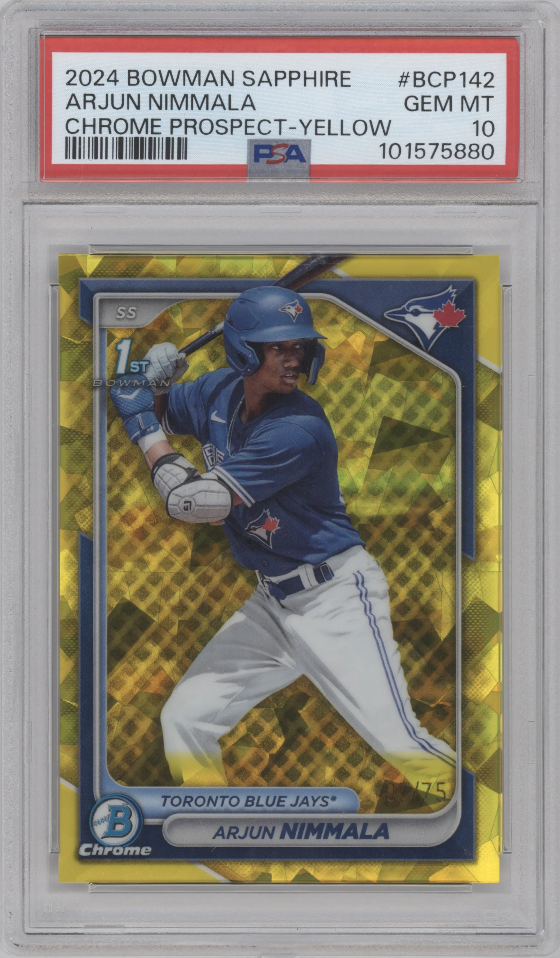 Arjun Nimmala from the 2024 Bowman Sapphire Edition set featuring a Yellow parallel graded by PSA and given an overall grade of 10.