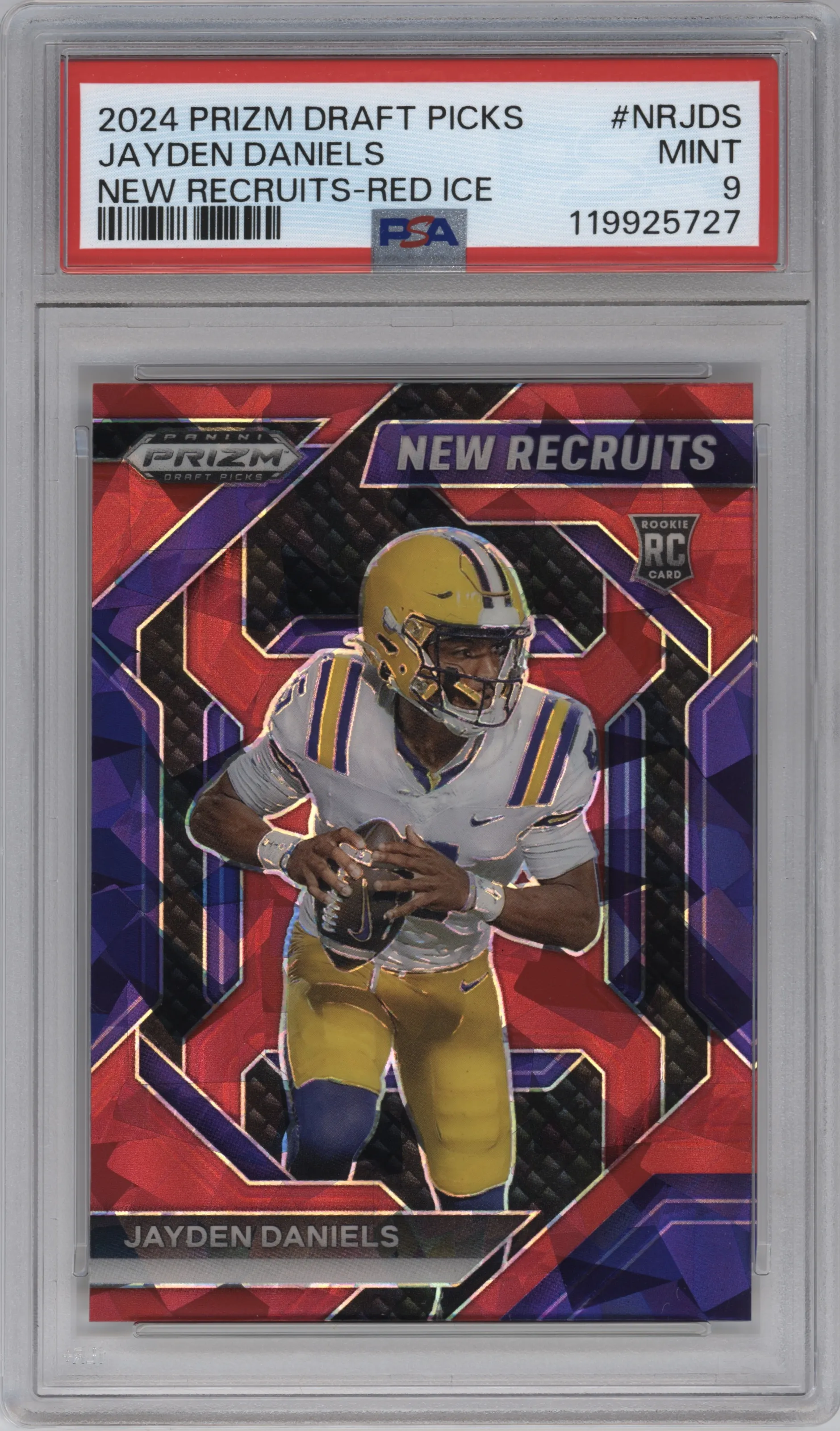 Jayden Daniels from the 2024 Panini Prizm Draft Picks set featuring a Red Ice parallel graded by PSA and given an overall grade of 9.