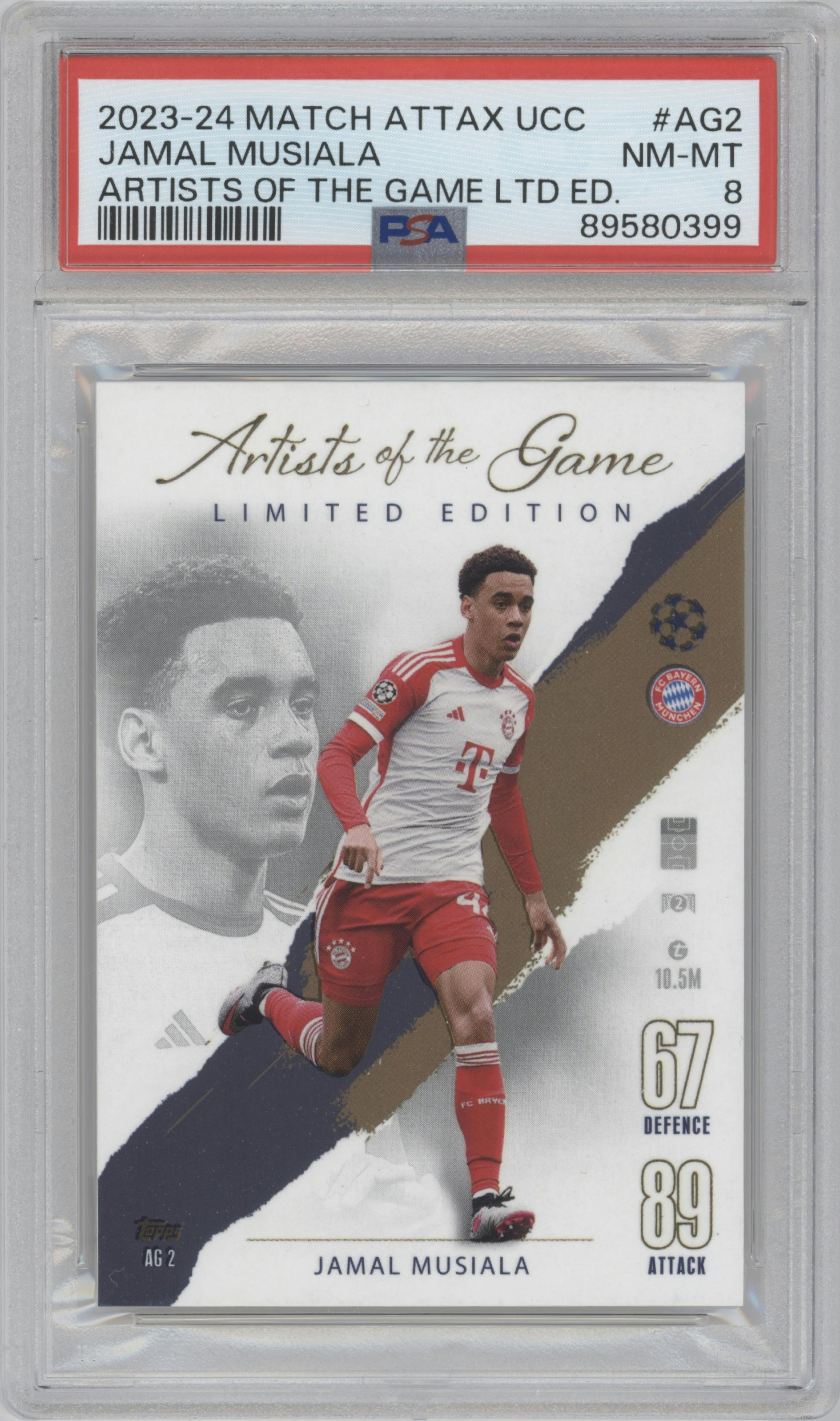 Jamal Musiala from the 2023-24 Topps Match Attax UEFA Club Competitions set graded by PSA and given an overall grade of 8.