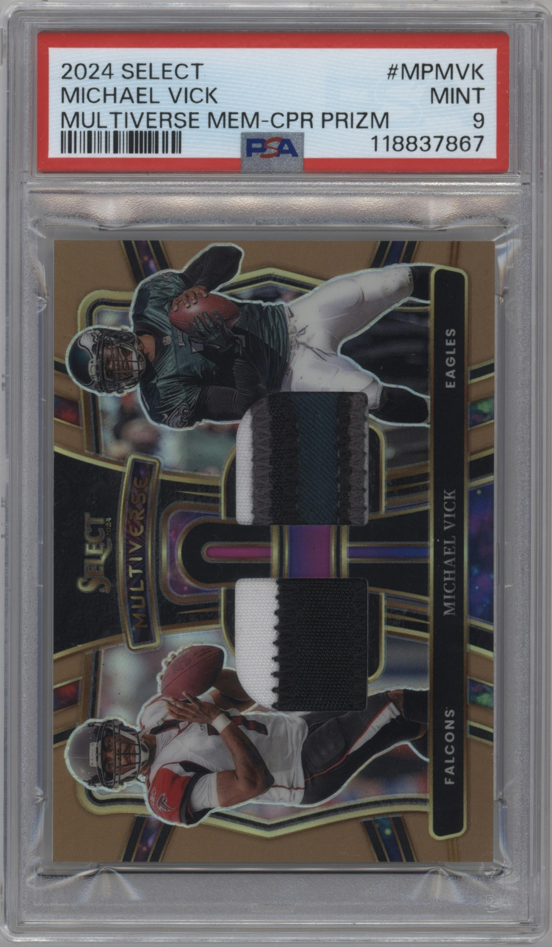 Michael Vick from the 2024 Panini Select set featuring a Copper Prizm parallel graded by PSA and given an overall grade of 9.