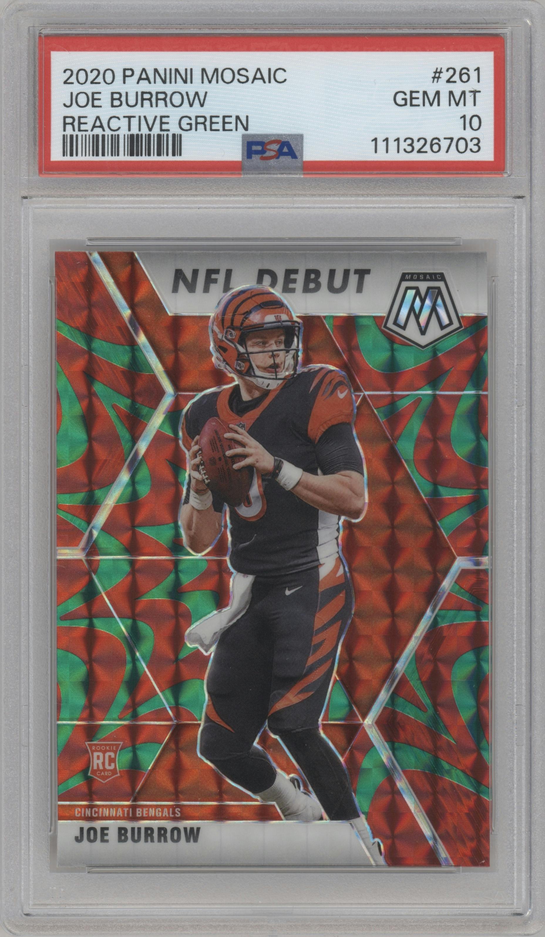 Joe Burrow from the 2020 Panini Mosaic set featuring a Reactive Green parallel graded by PSA and given an overall grade of 10.