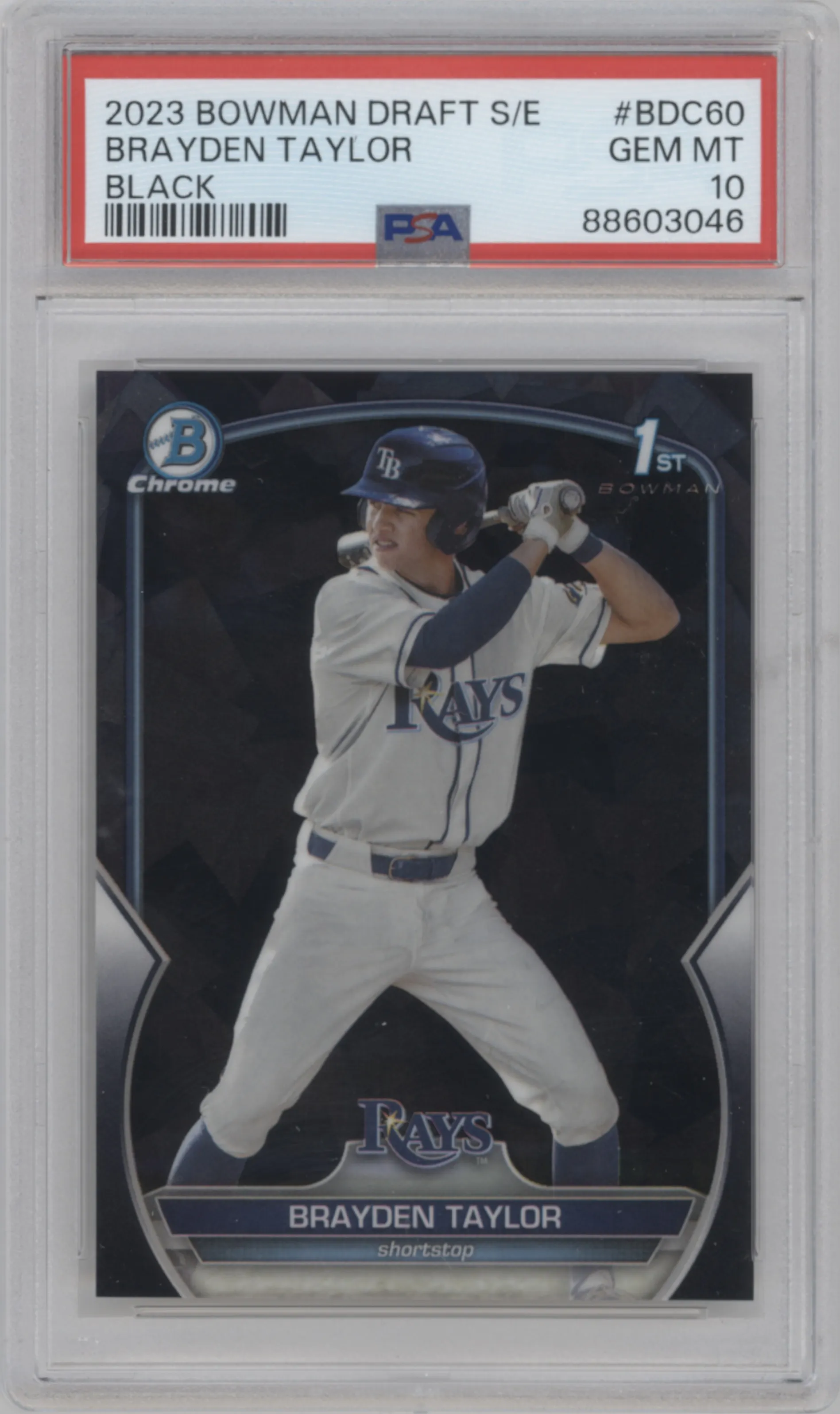 Brayden Taylor from the 2023 Bowman Draft Sapphire set featuring a Black parallel graded by PSA and given an overall grade of 10.