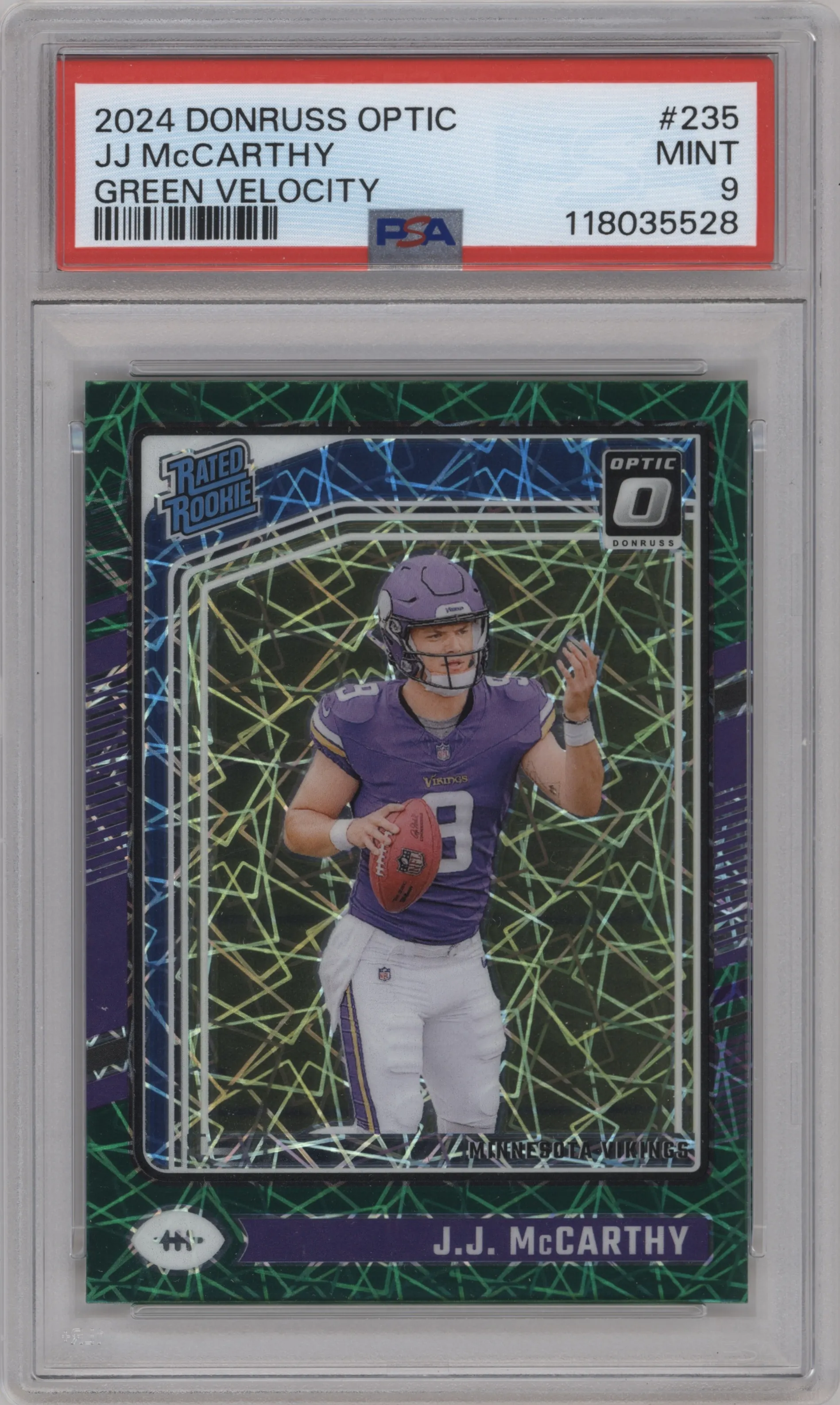 2024 Donruss Optic Rated Rookie J.J. McCarthy Green Velocity #235 PSA 9
