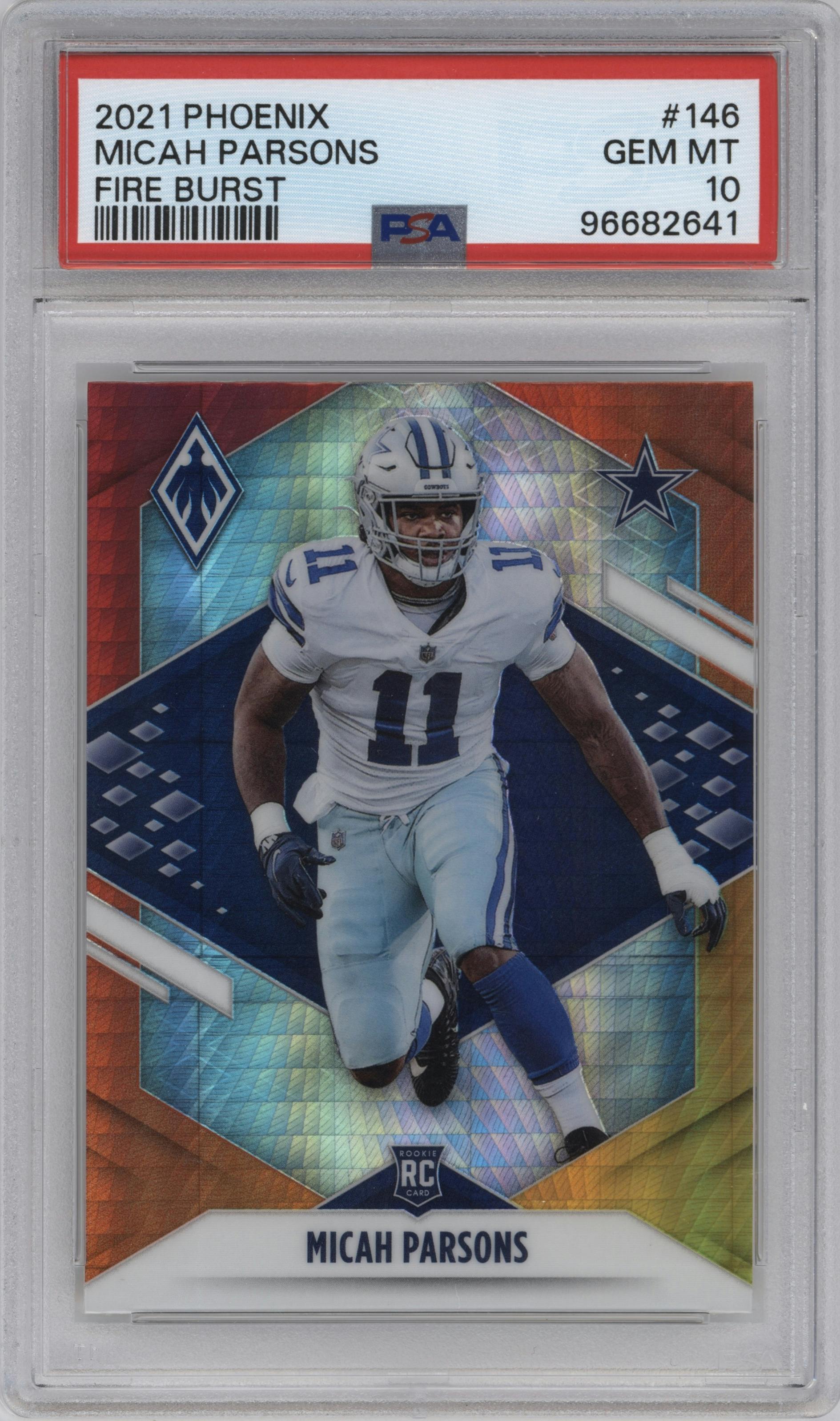 Micah Parsons from the 2021 Panini Phoenix set featuring a Fire Burst parallel graded by PSA and given an overall grade of 10.