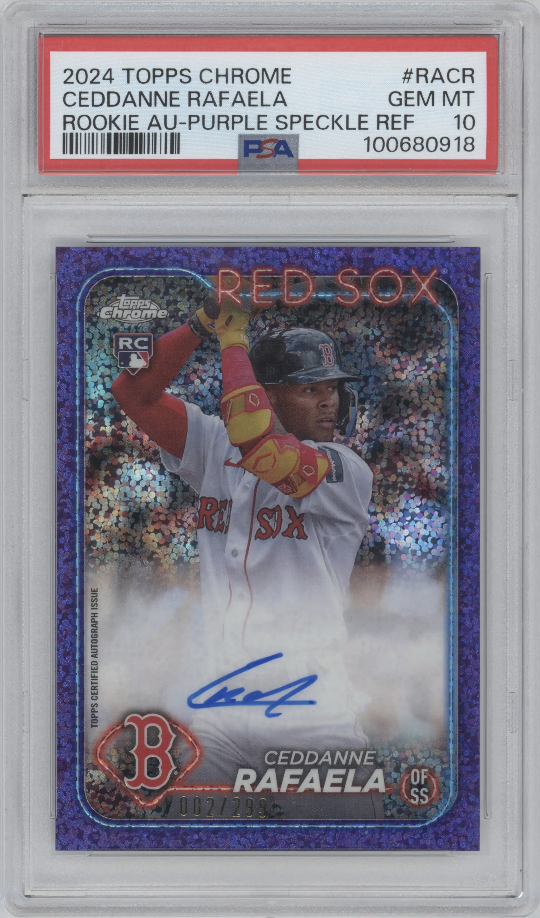 Ceddanne Rafaela from the 2024 Topps Chrome set featuring a Purple Speckle Refractor parallel graded by PSA and given an overall grade of 10.