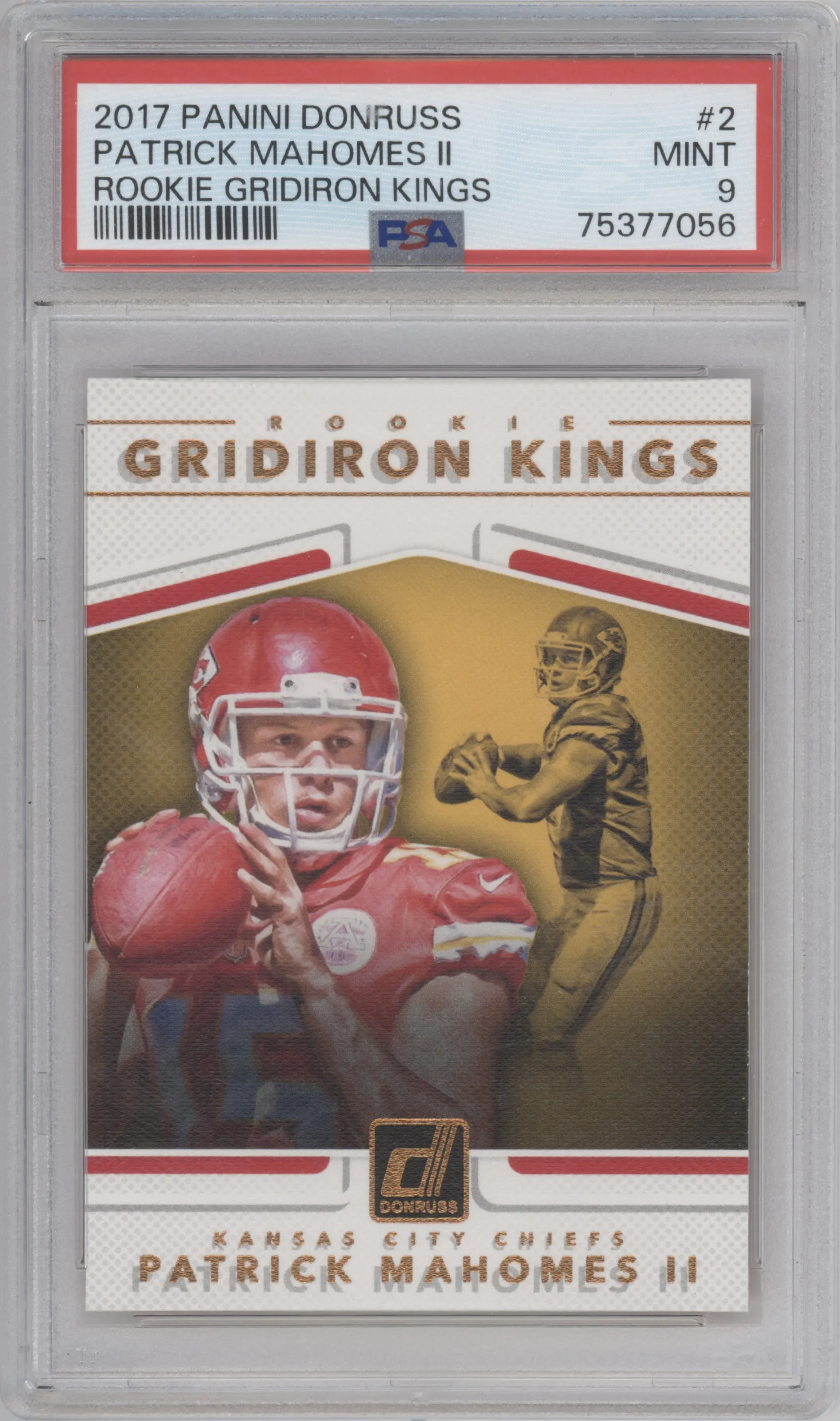 Patrick Mahomes II from the 2017 Panini Donruss set graded by PSA and given an overall grade of 9.