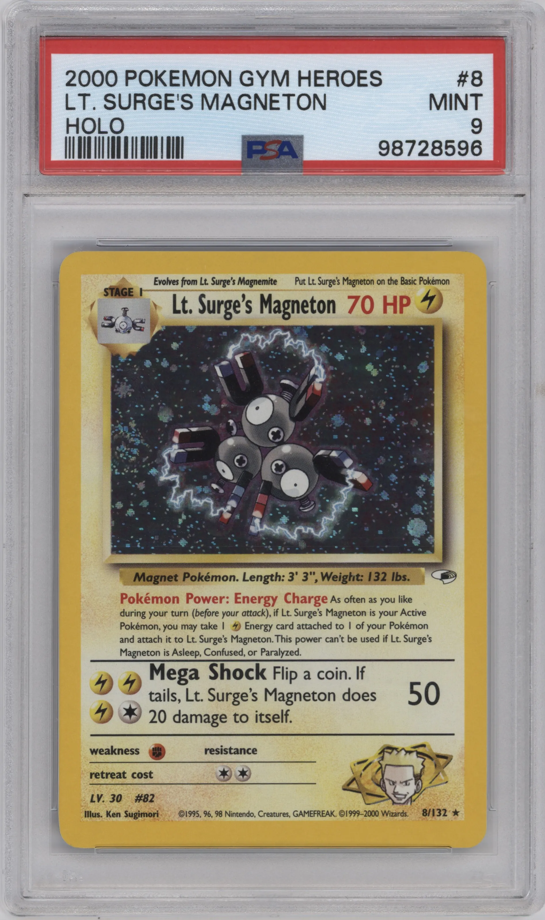 Lt. Surge's Magneton from the 2000 Pokemon GH set graded by PSA and given an overall grade of 9.