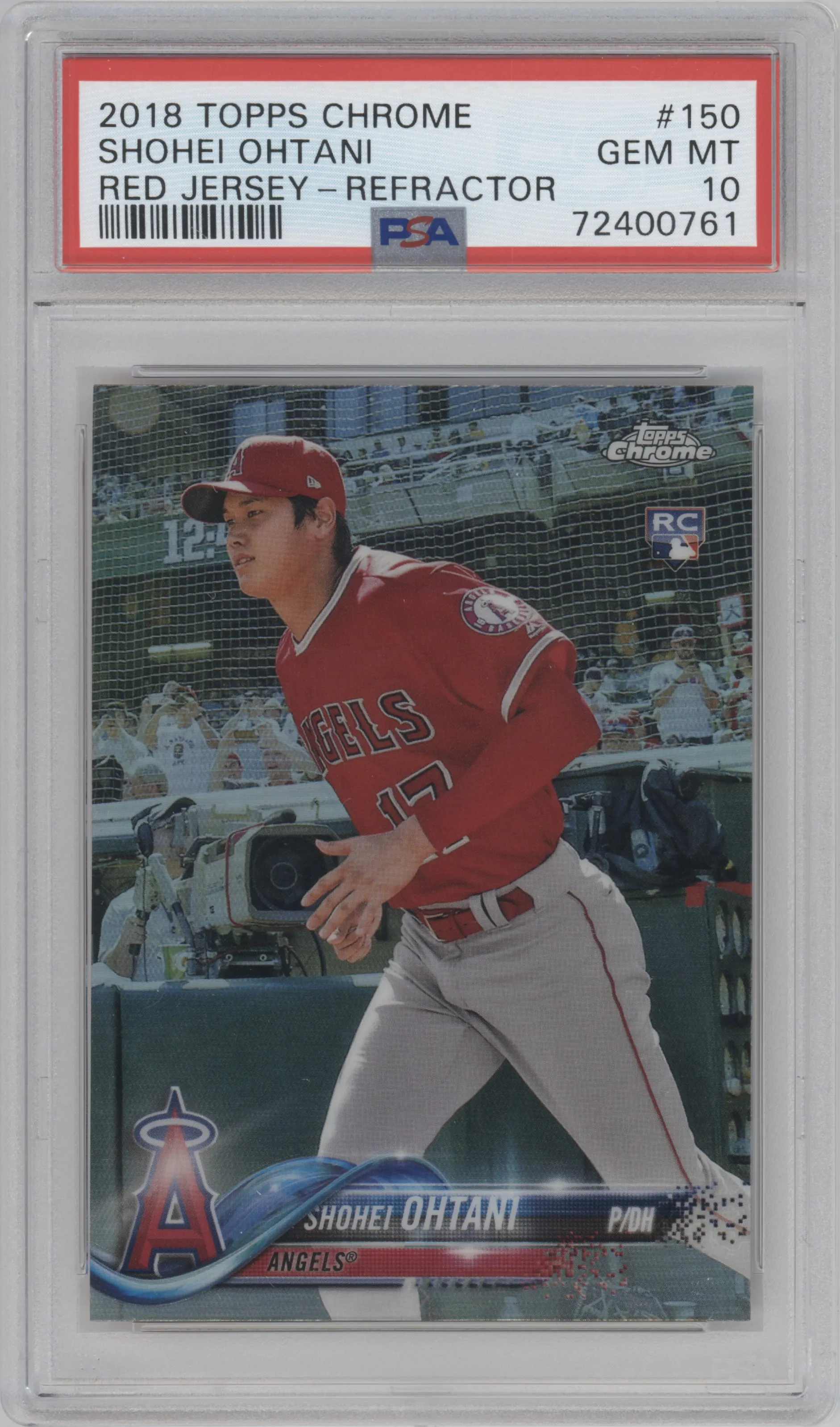 Shohei Ohtani from the 2018 Topps Chrome set featuring a Refractor parallel graded by PSA and given an overall grade of 10.