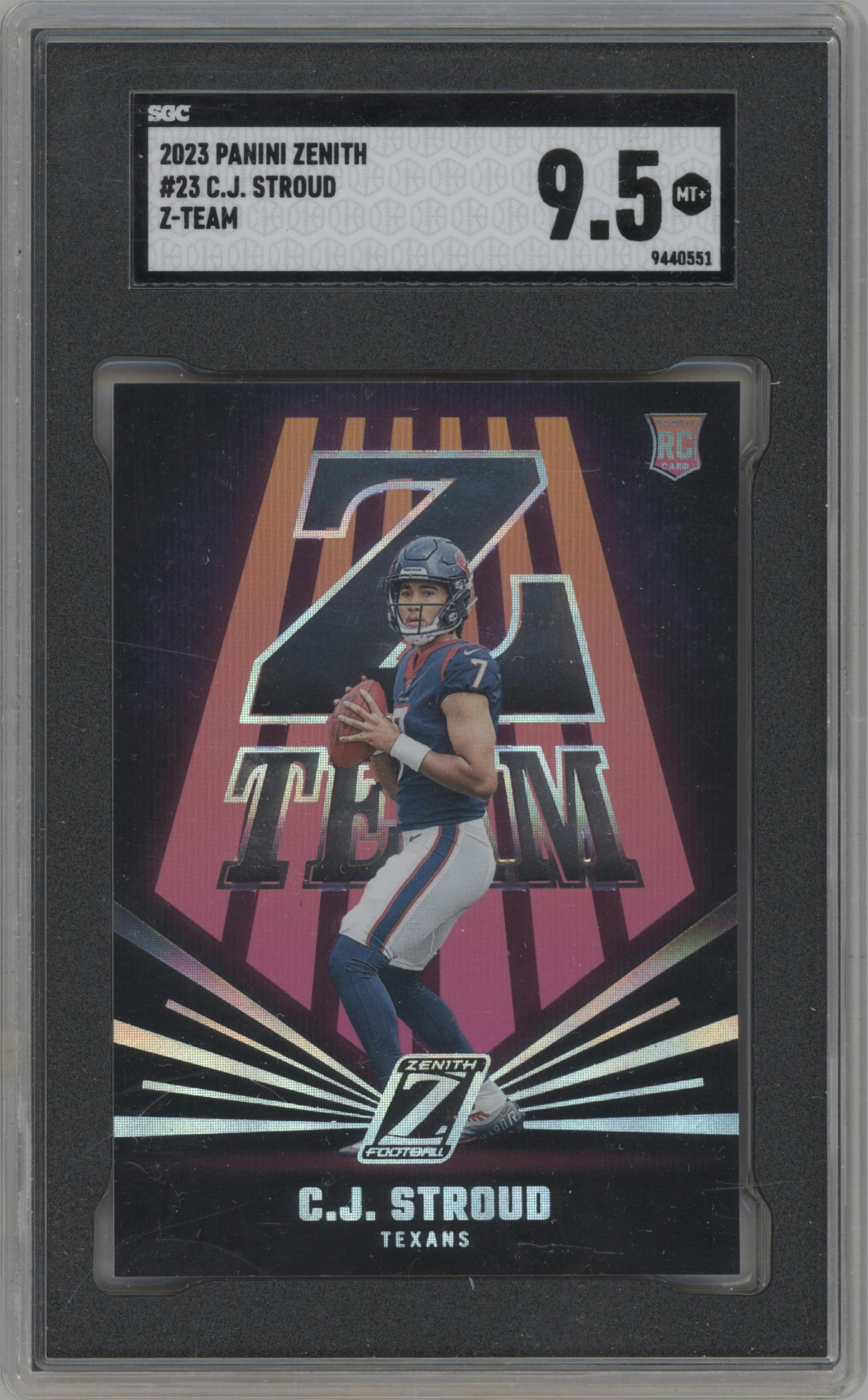 C.J. Stroud from the 2023 Panini Zenith set graded by SGC and given an overall grade of 9.5.