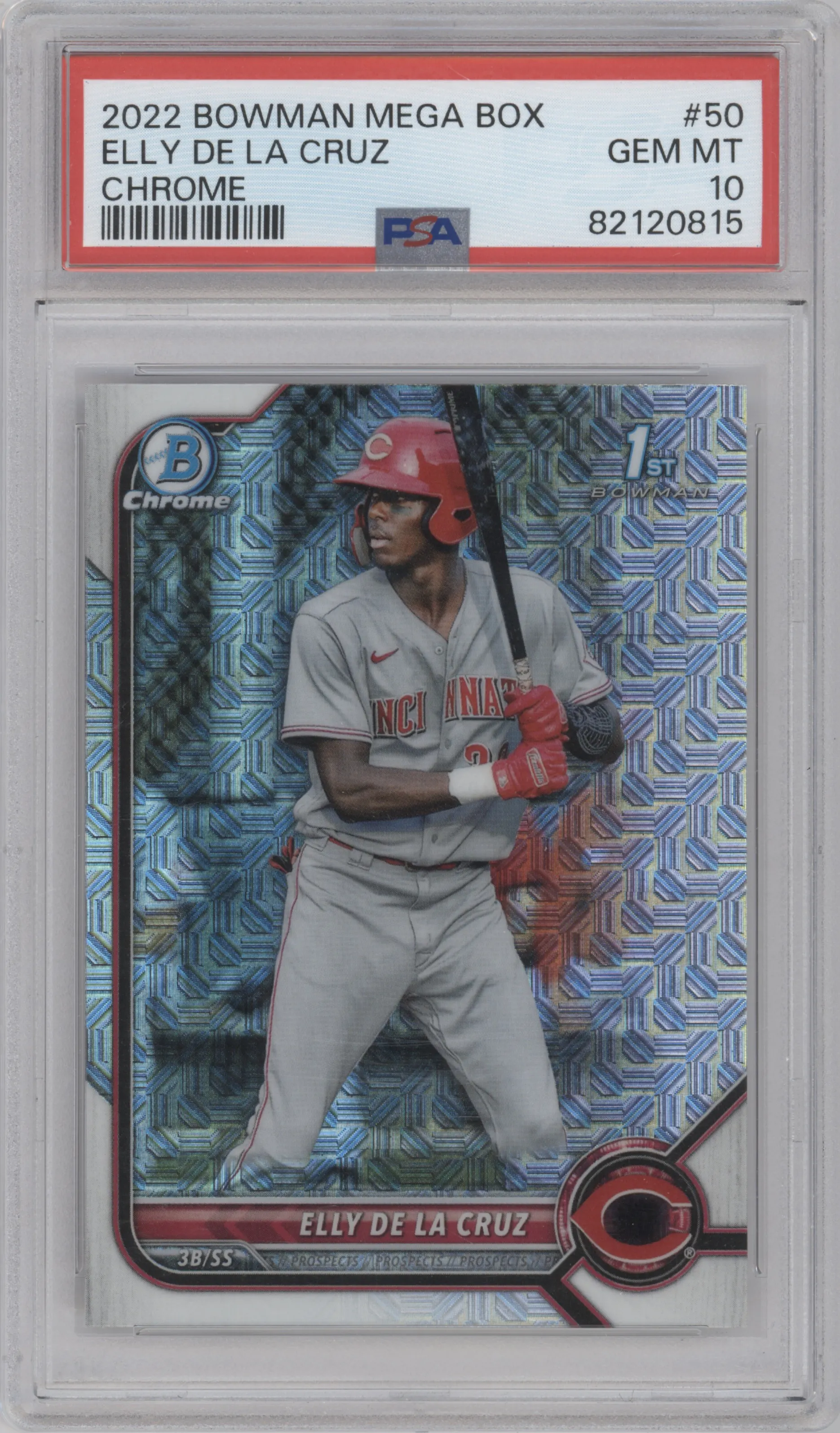 Elly De La Cruz from the 2022 Bowman Mega Box set graded by PSA and given an overall grade of 10.