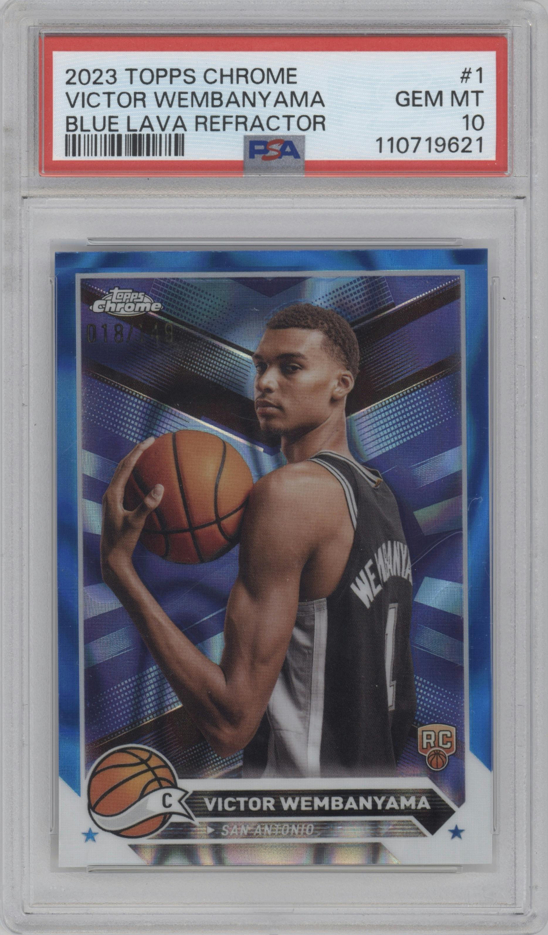Victor Wembanyama from the 2023-24 Topps Chrome set featuring a Blue Lava Refractor parallel graded by PSA and given an overall grade of 10.