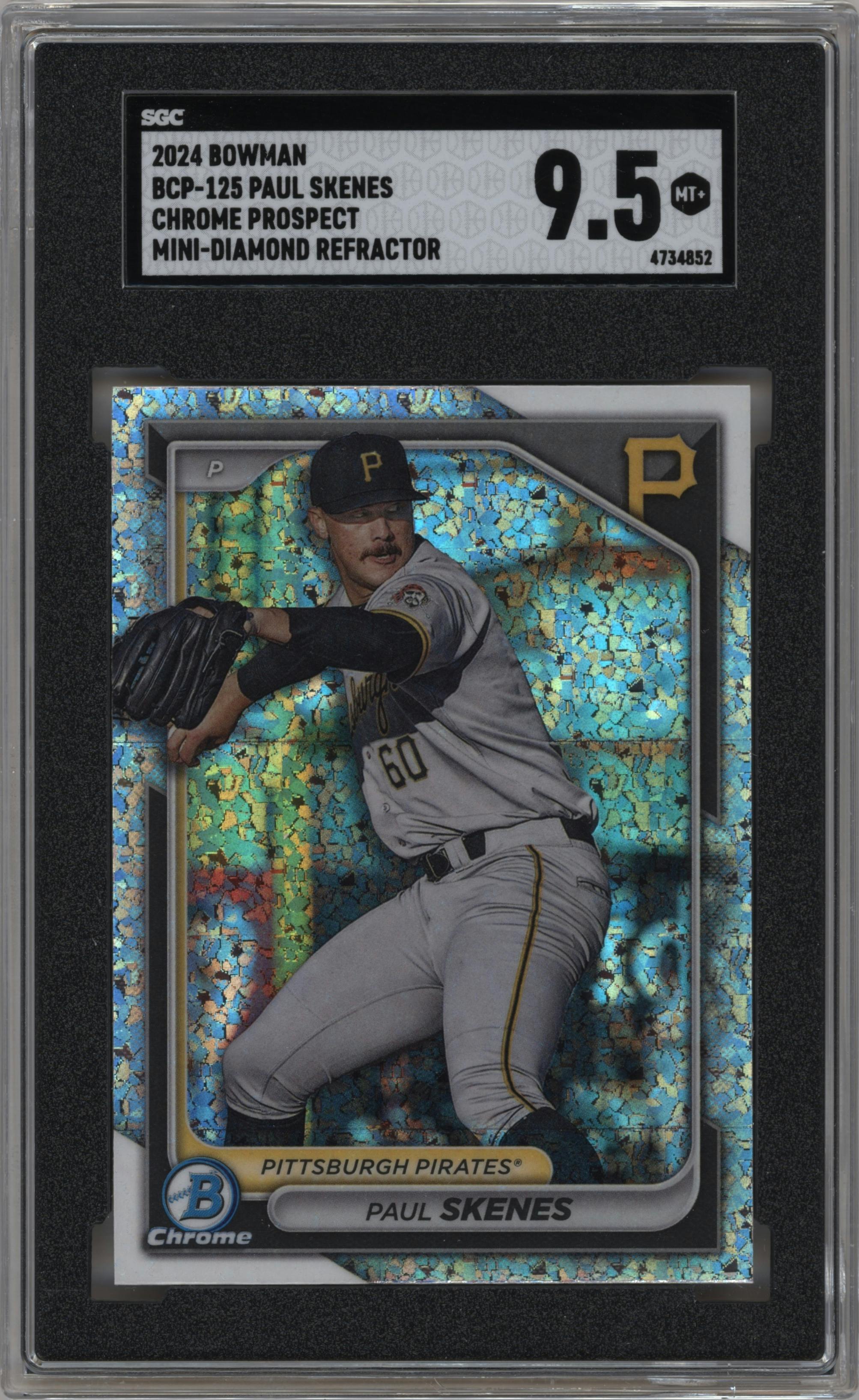 Paul Skenes from the 2024 Bowman set featuring a Mini-Diamond Refractor parallel graded by SGC and given an overall grade of 9.5.