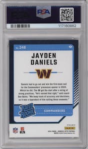 Jayden Daniels from the 2024 Donruss Optic set featuring a Purple Shock parallel graded by PSA and given an overall grade of 10.