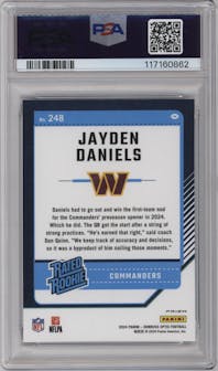 Jayden Daniels from the 2024 Donruss Optic set featuring a Purple Shock parallel graded by PSA and given an overall grade of 10.