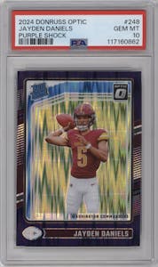 Jayden Daniels from the 2024 Donruss Optic set featuring a Purple Shock parallel graded by PSA and given an overall grade of 10.