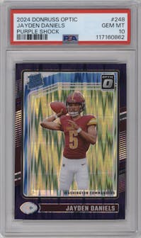 Jayden Daniels from the 2024 Donruss Optic set featuring a Purple Shock parallel graded by PSA and given an overall grade of 10.