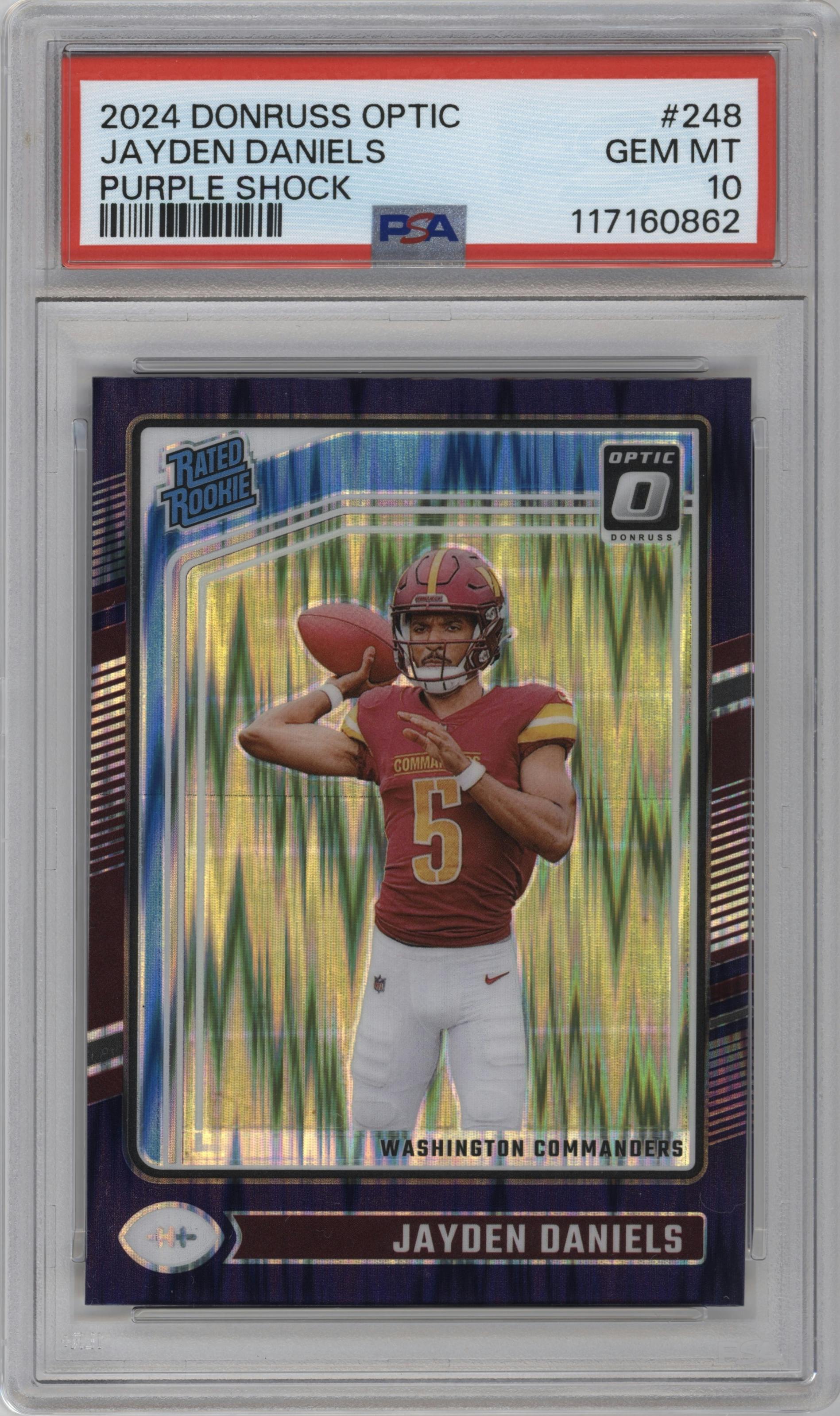Jayden Daniels from the 2024 Donruss Optic set featuring a Purple Shock parallel graded by PSA and given an overall grade of 10.