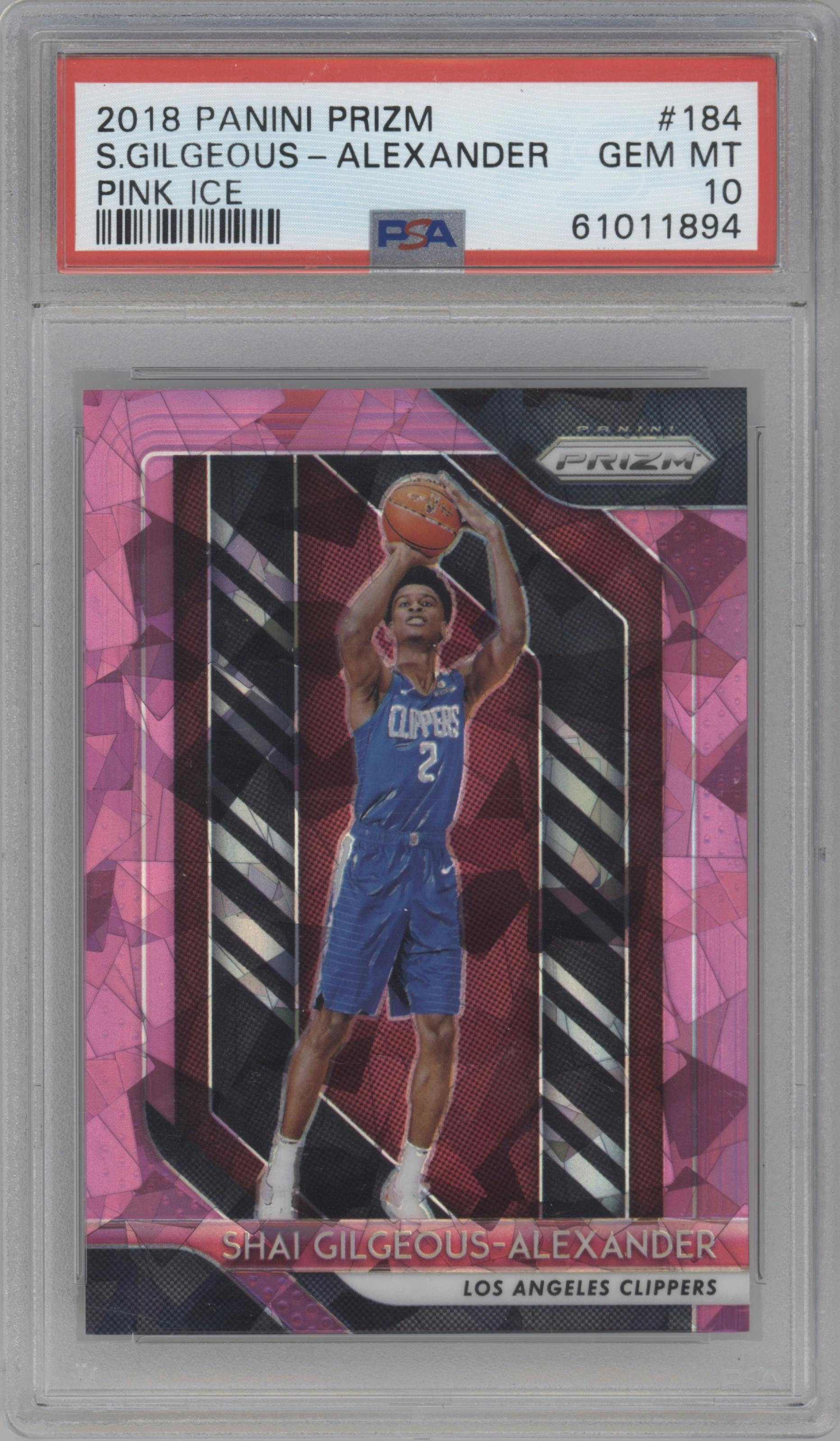 Shai Gilgeous-Alexander from the 2018-19 Panini Prizm set featuring a Pink Ice parallel graded by PSA and given an overall grade of 10.