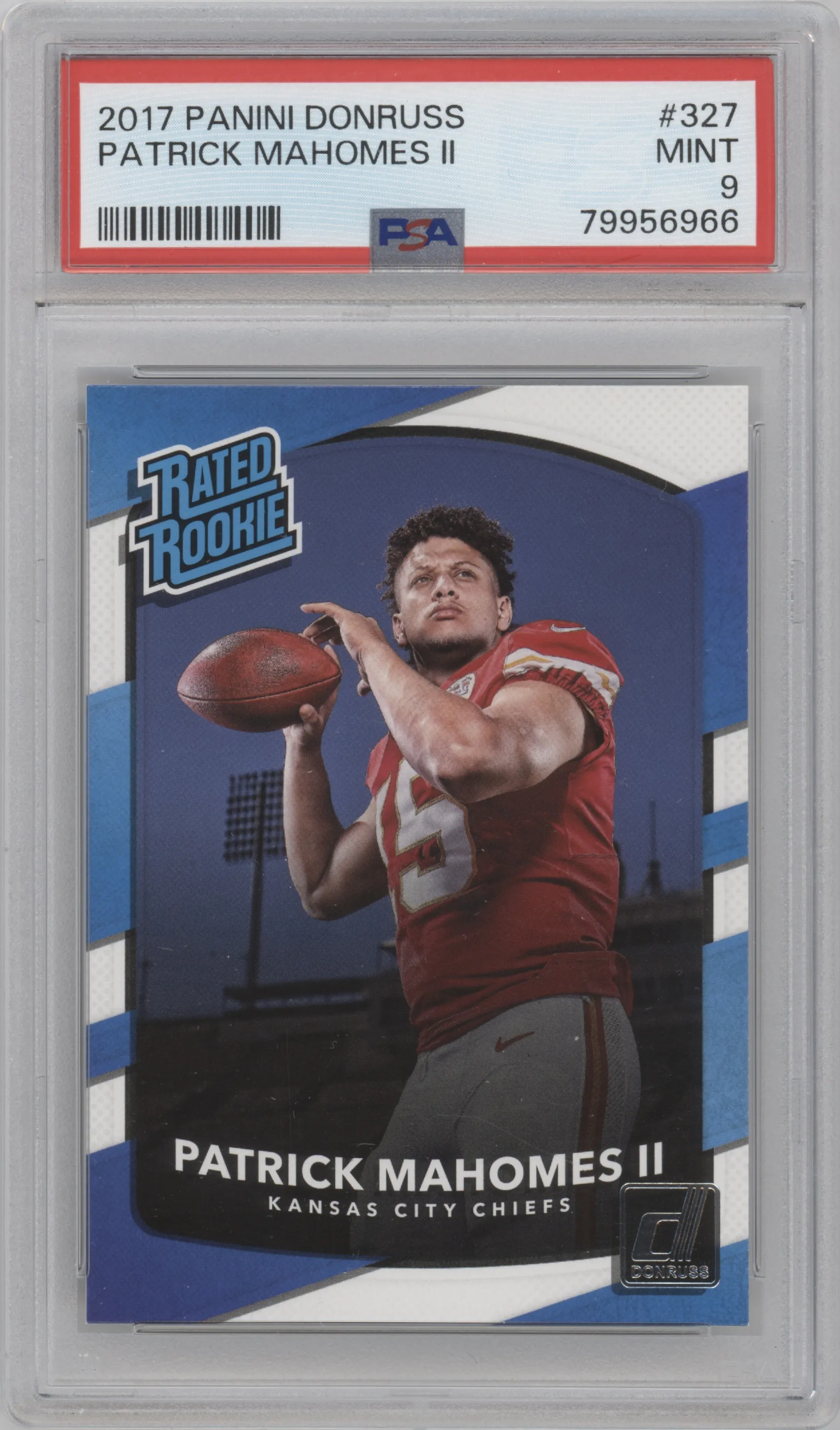 Patrick Mahomes II from the 2017 Panini Donruss set graded by PSA and given an overall grade of 9.