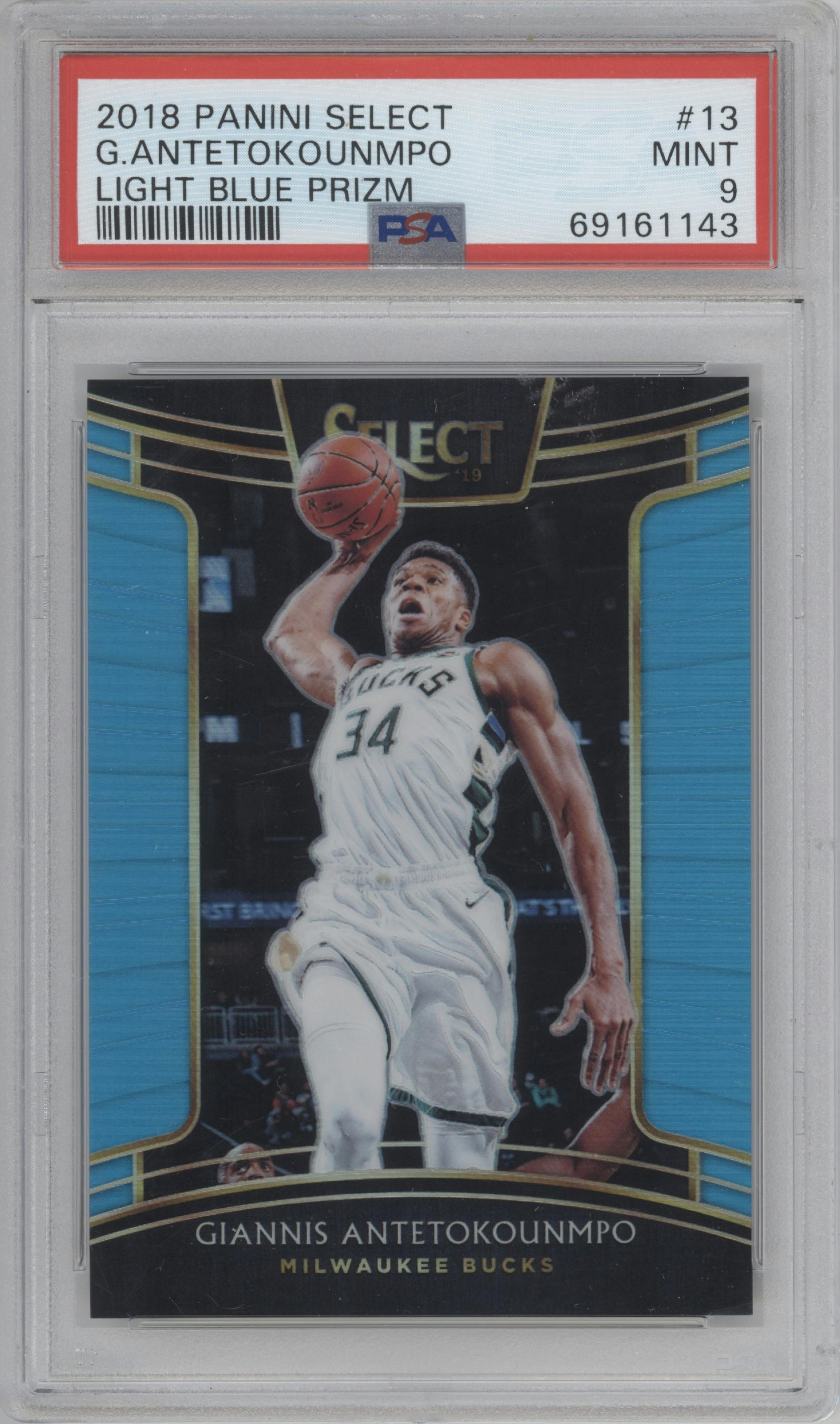 Giannis Antetokounmpo from the 2018-19 Panini Select  set featuring a Light Blue Prizm parallel graded by PSA and given an overall grade of 9.