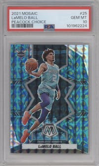 LaMelo Ball from the 2021-22 Panini Mosaic  set featuring a Choice Peacock parallel graded by PSA and given an overall grade of 10.
