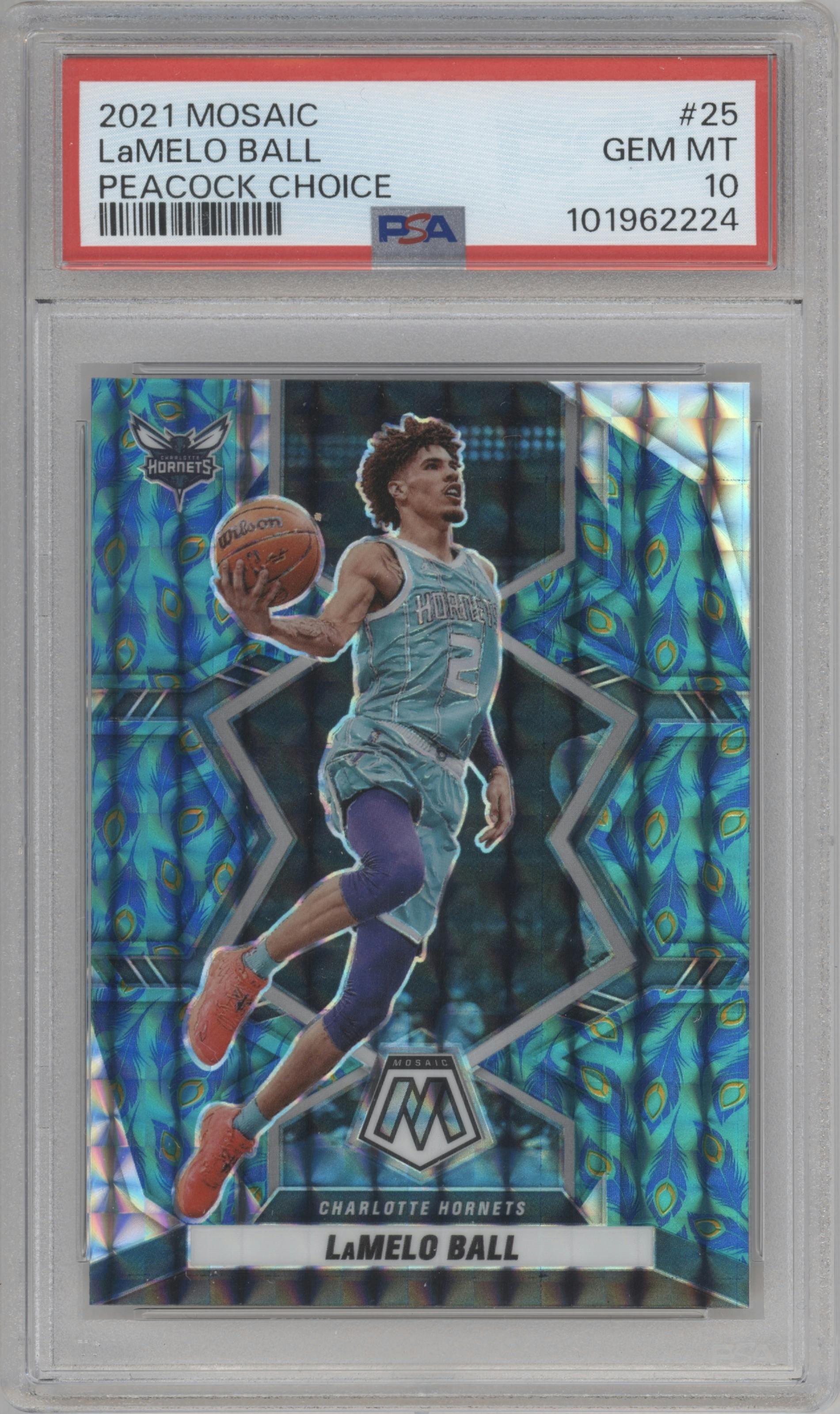LaMelo Ball from the 2021-22 Panini Mosaic  set featuring a Choice Peacock parallel graded by PSA and given an overall grade of 10.