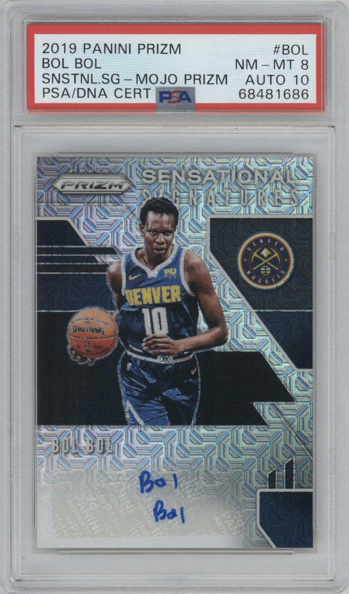 Bol Bol from the 2019-20 Panini Prizm set featuring a Mojo Prizm parallel graded by PSA and given an overall grade of 8.
