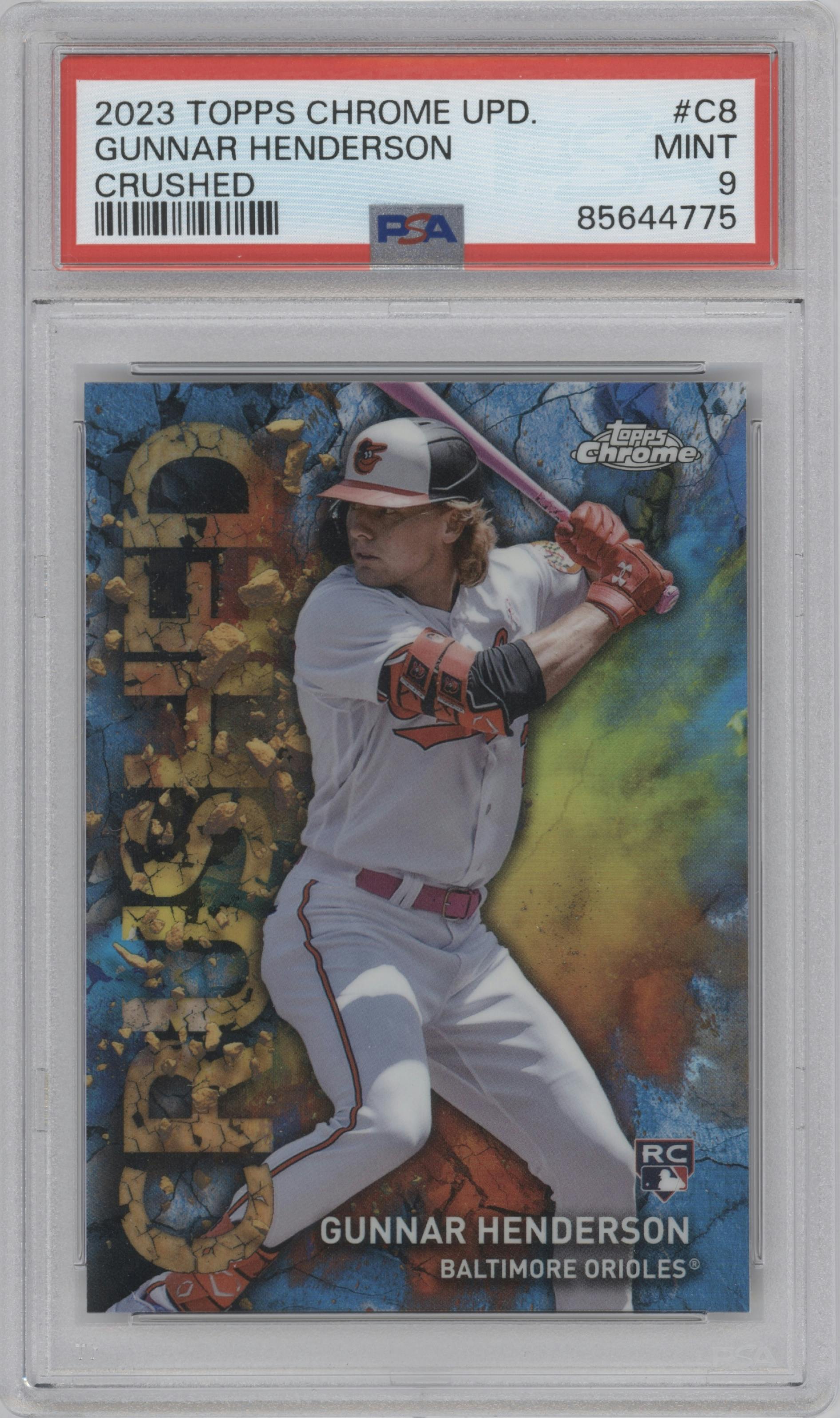 Gunnar Henderson from the 2023 Topps Chrome Update set graded by PSA and given an overall grade of 9.