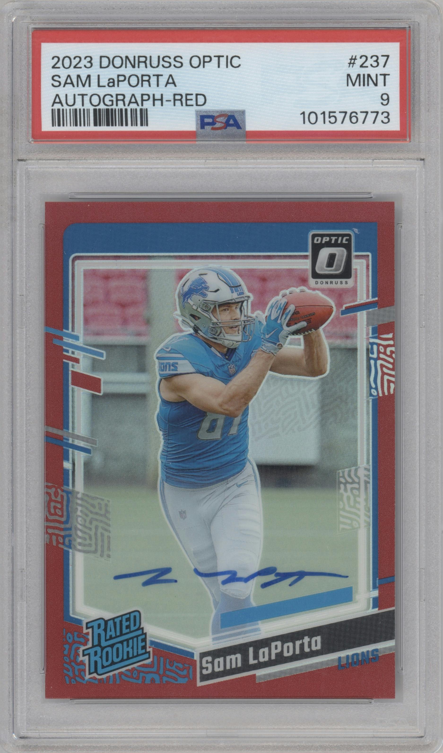 Sam LaPorta from the 2023 Donruss Optic set featuring a Red parallel graded by PSA and given an overall grade of 9.