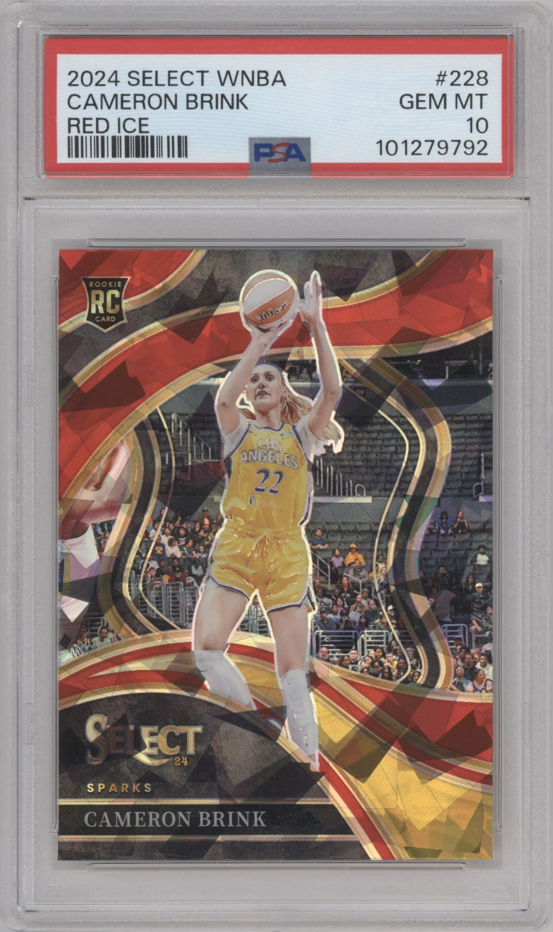 Cameron Brink from the 2024 Panini Select WNBA set featuring a Red Ice parallel graded by PSA and given an overall grade of 10.