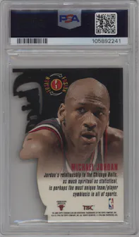 Michael Jordan from the 1996-97 Topps Stadium Club set graded by PSA and given an overall grade of 8.