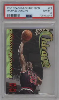 Michael Jordan from the 1996-97 Topps Stadium Club set graded by PSA and given an overall grade of 8.