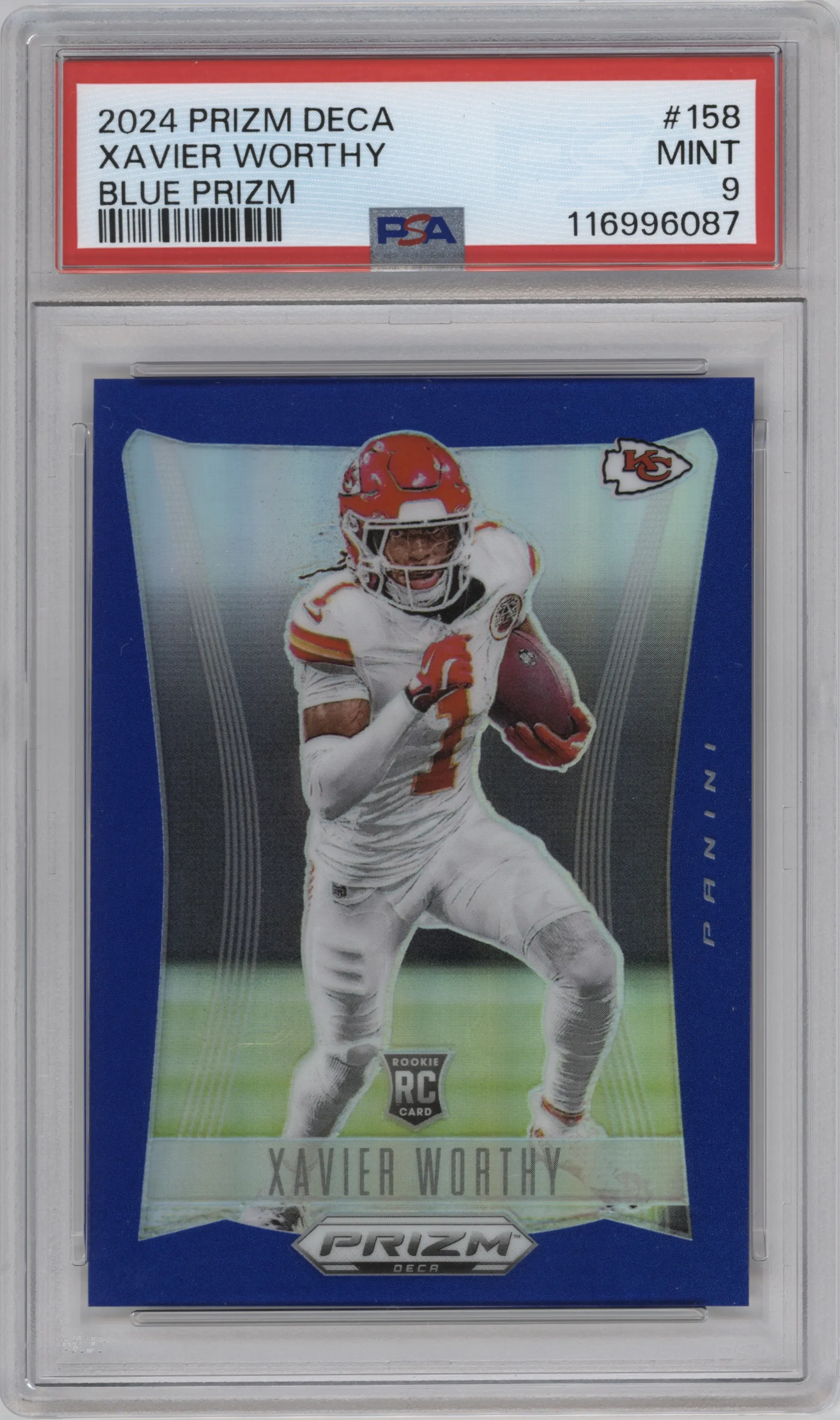 Xavier Worthy from the 2024 Panini Prizm Deca set featuring a Blue Prizm parallel graded by PSA and given an overall grade of 9.