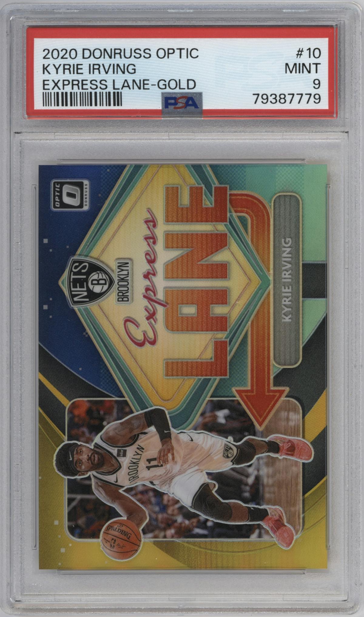 Kyrie Irving from the 2020-21 Panini Donruss Optic set featuring a Gold parallel graded by PSA and given an overall grade of 9.