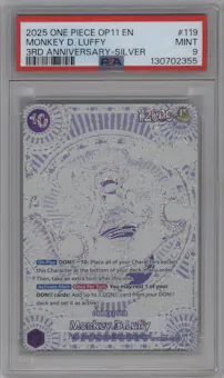 Monkey.D.Luffy from the 2025 One Piece set featuring a 3rd Anniversary Silver parallel graded by PSA and given an overall grade of 9.